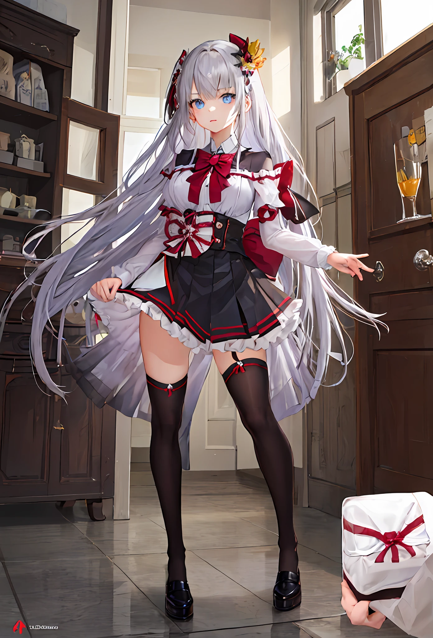 ((tmasterpiece), top-quality, 1girll,Solo, Silver shorthair, eBlue eyes, (Bow white panties),Lift the skirt,Seductive action,extreme hight detail,short skirt,over knee socks,adolable,medium-sized boobs,standing on your feet,White tones,Need