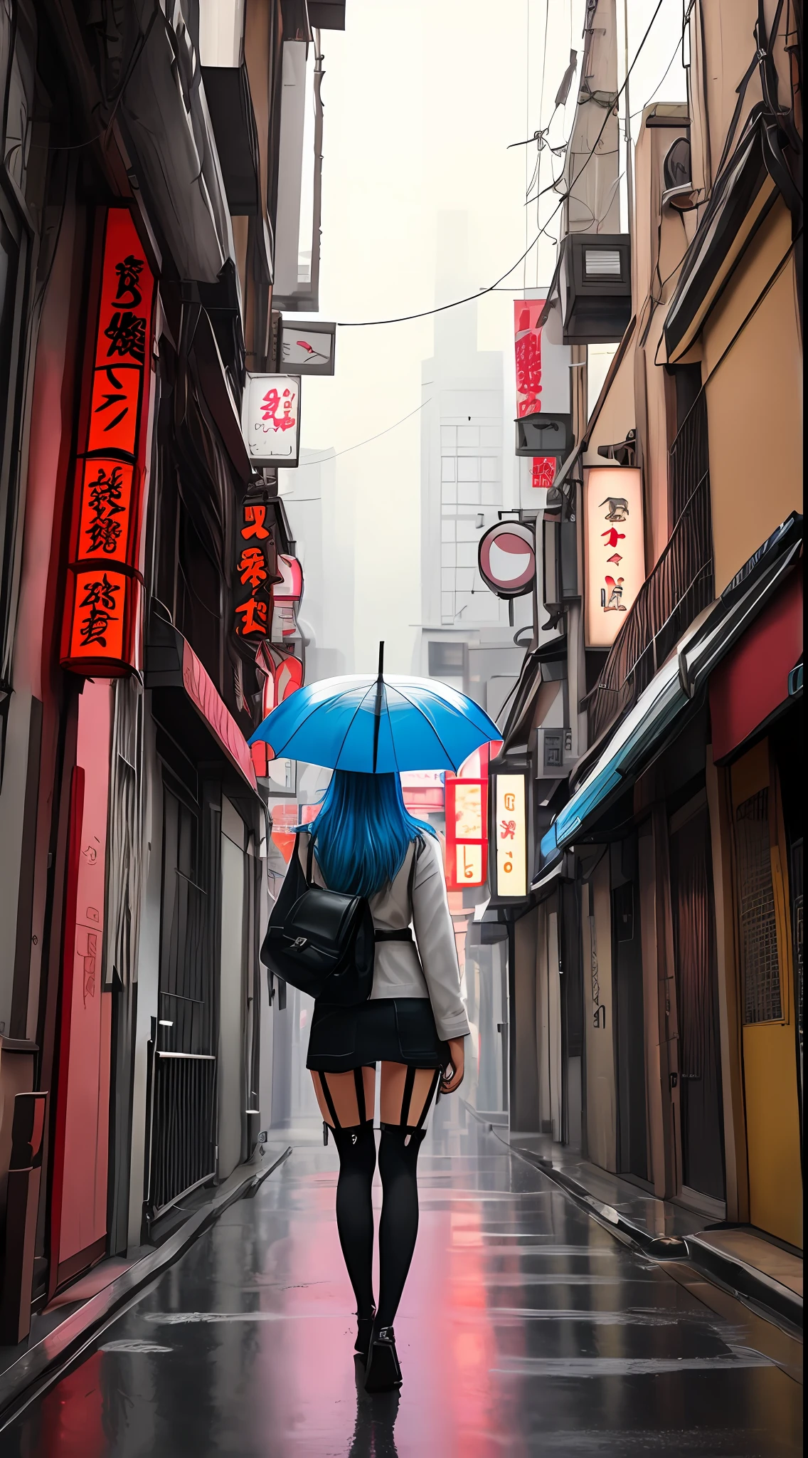 (best quality, masterpiece: 1.3), 1girl, rainy day, fog, alley, umbrella holding, large and transparent umbrella, looking at the viewer, blue hair, facing the photo, cyberpunk city, alone in the alley, neon in the alley, very reflective city, long hair, sized strands going over the alley, bars, Japan, Tokyo, garter belt on one leg, knee pad on the other leg, perfect hand, delicate, night --auto