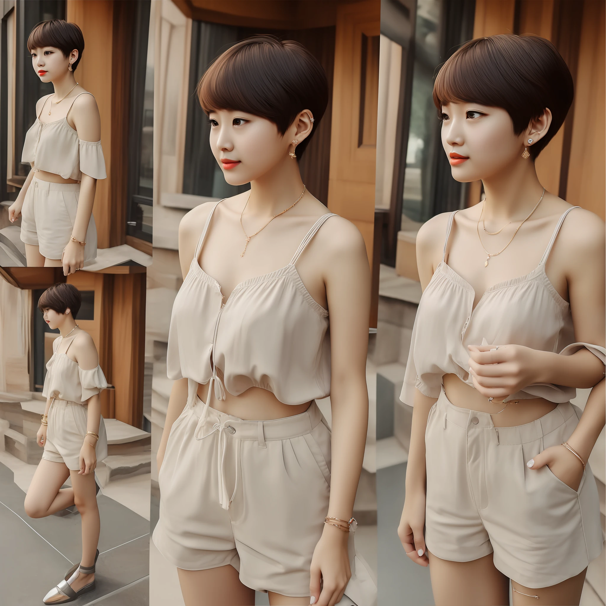 top-quality、detaileds、​masterpiece、girl with、Multiple people、Earpiece、Colossal tits、boyish、a pixie cut、Short neckline、Through the mirror
