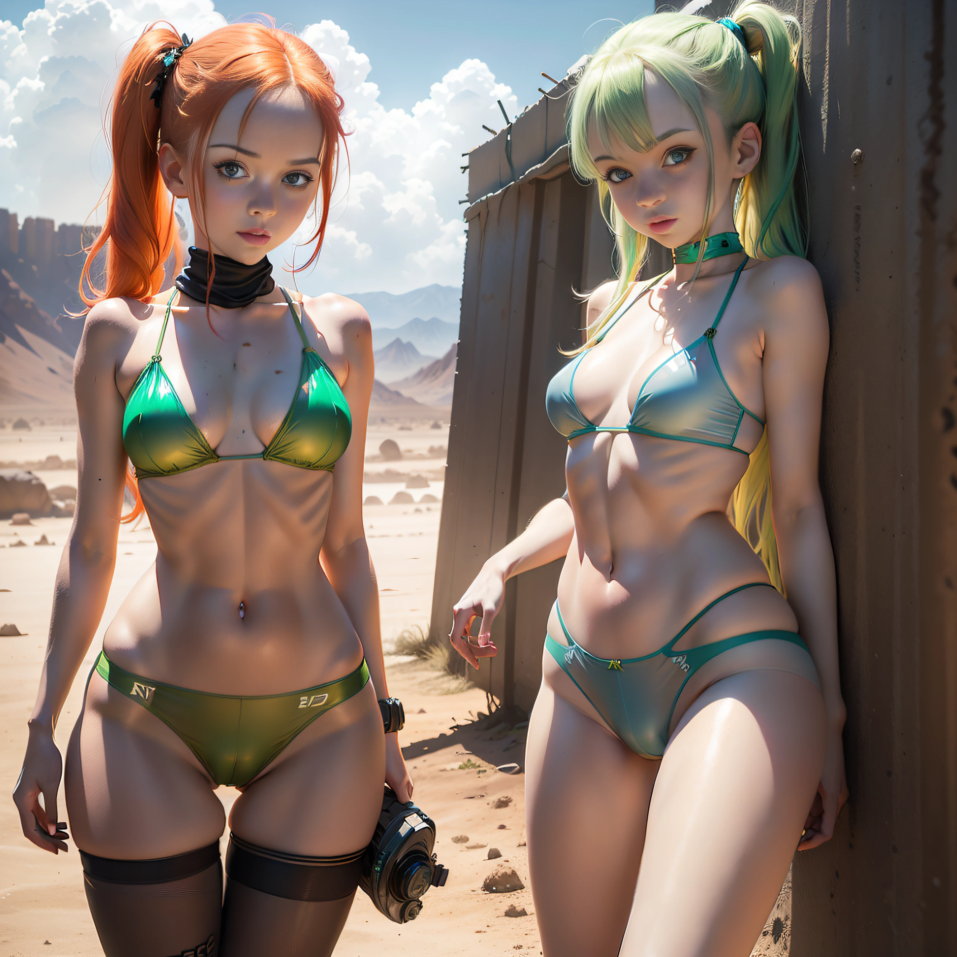 a cute redhead woman in twin tails, multiple rainbow colored hair, sky-blue beautiful eyes, happy woman, Ukrainian, petite body, (pale skin), wearing a ((translucent)) green metallic color bikini, (camel toe), (dirty bikini), (translucent pantyhose on legs), post apocalyptic background, bleak barren desert, photo realistic woman.