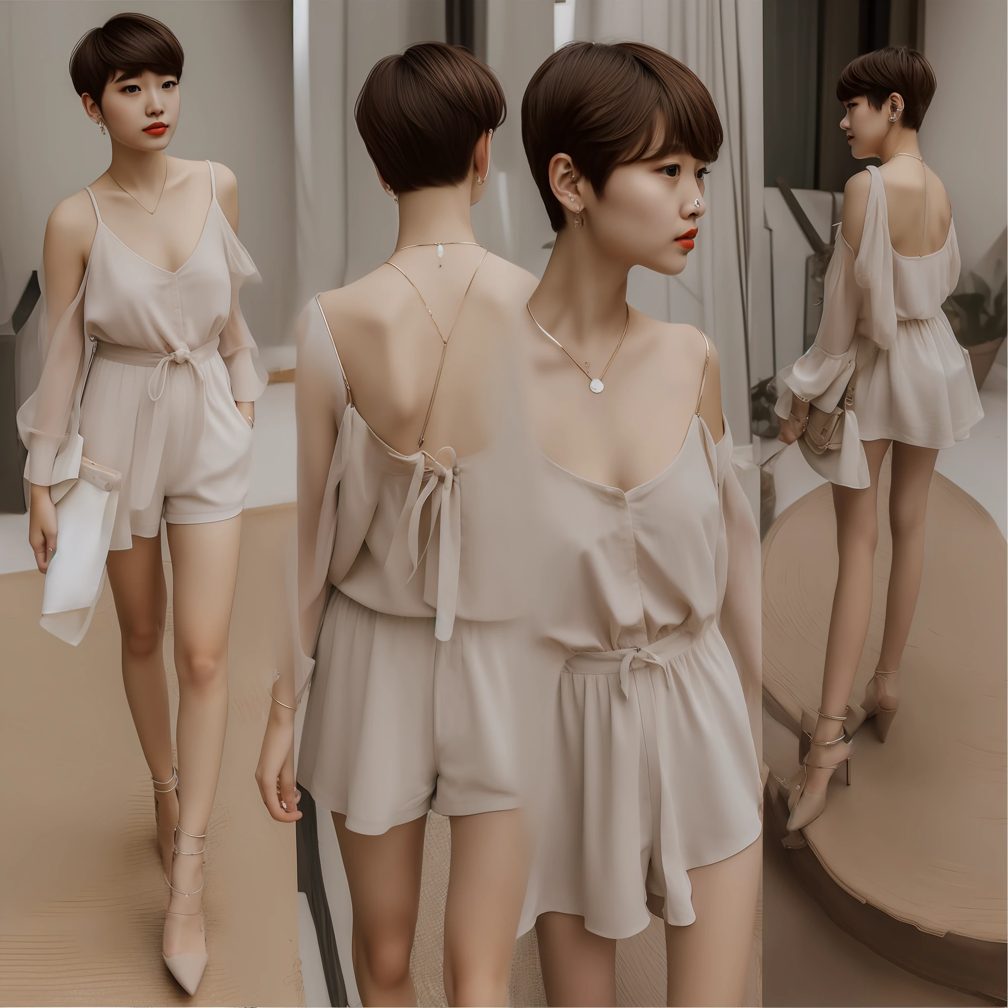 top-quality、detaileds、masterpiece、girl with、Multiple people、Earpiece、Colossal tits、boyish、a pixie cut、Short neckline、Through the mirror
