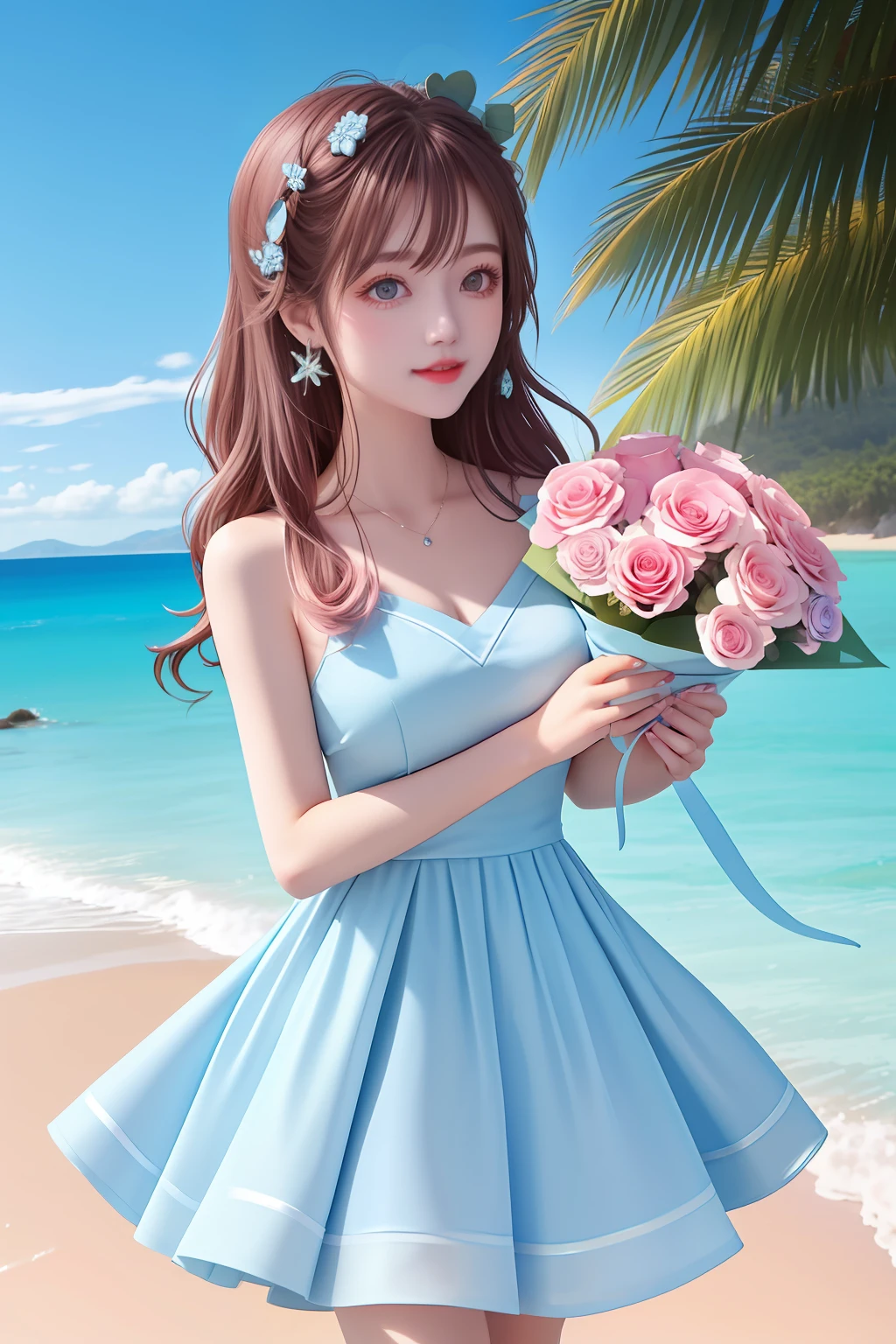 A beautiful 22-year-old girl
Hair color is light blue
Pink rose bouquet
Wearing a light blue dress that looks like sea water
A light blue dress that looks like sea water
Starfish and crabs on the beach