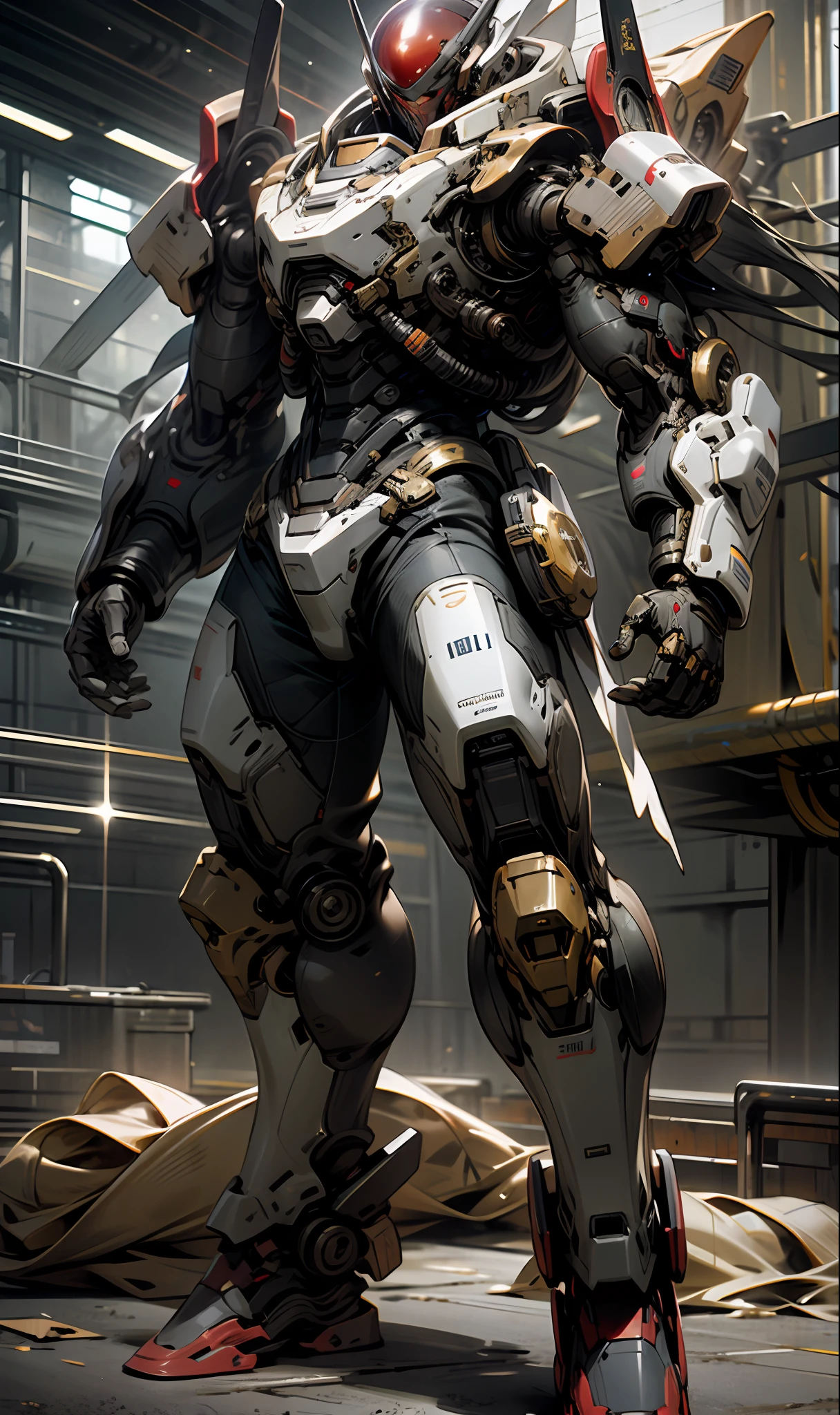 High resolution, golden red back, masterpiece, perfect images quality, battlefield background, metal space wing, showing full body display, showing full objects