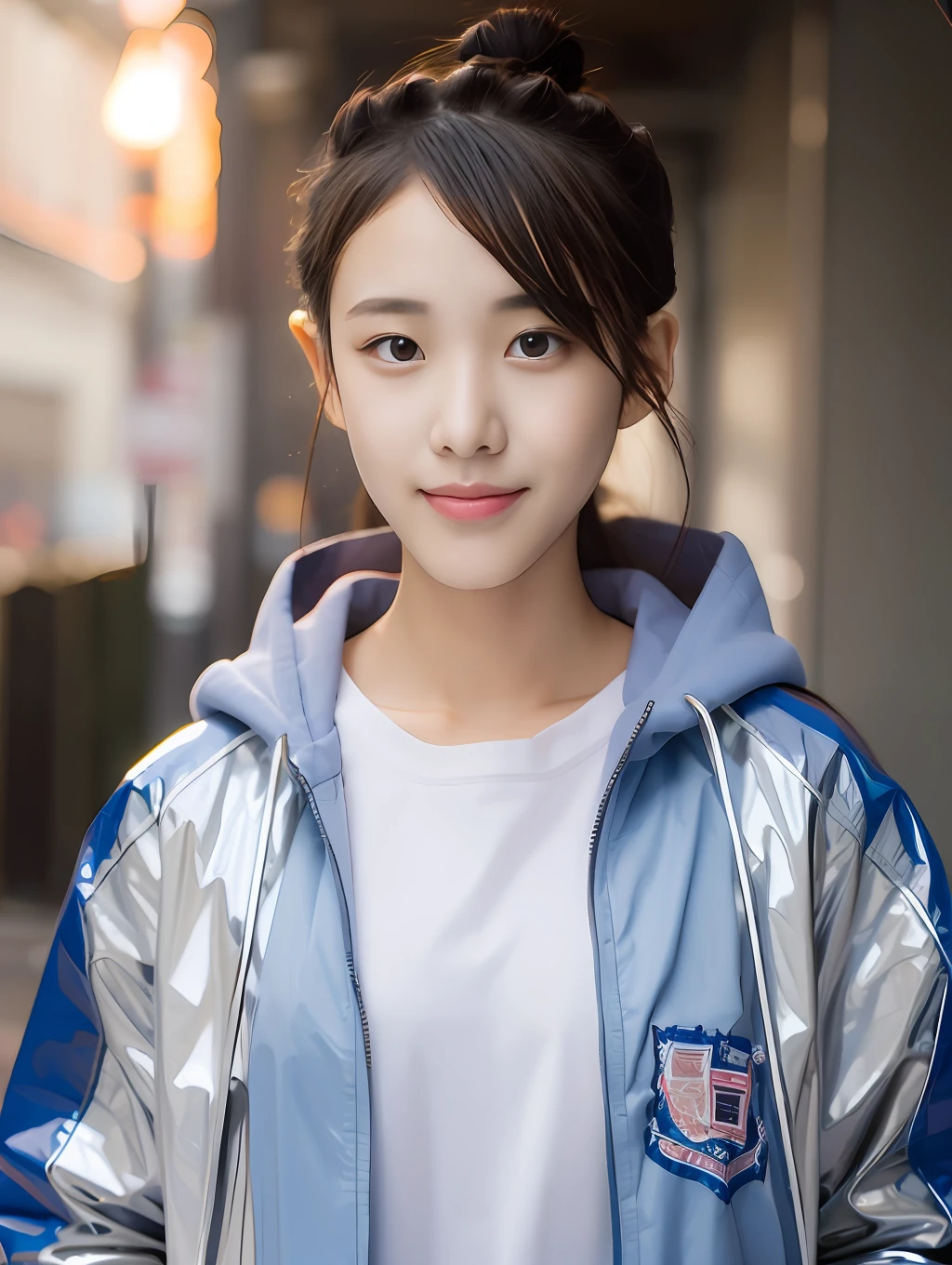 A 17-year-old female high school student，Wear a PVC color school uniform，long whitr hair