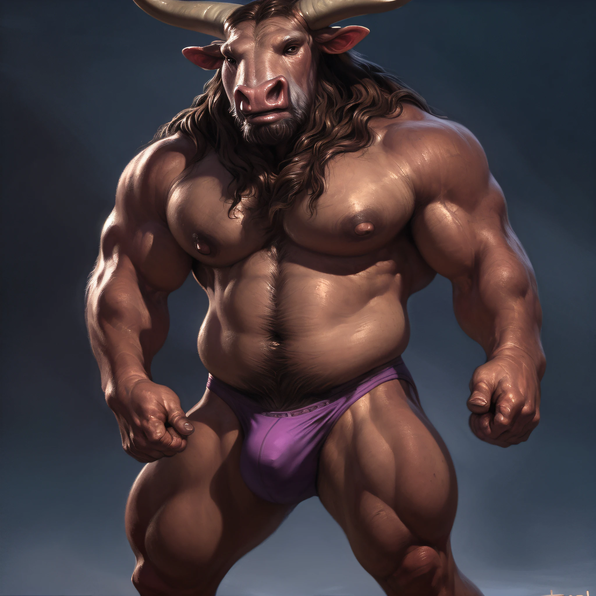 solo, anthro (minotaur), male, (muscular:1.5), adult, photorealistic, hyperrealistic, ultradetailed, natural pose, standing, by personalami, by honovy, by thebigslick, by taran fiddler, by pixelsketcher, correct hands, (bulge:1.1), (nips:1.1), purple underwear, purple thong, standing, grey wall background, (beefy:1.5), (bulky:1.9), (large pecs:1.2), front view, clenched fists