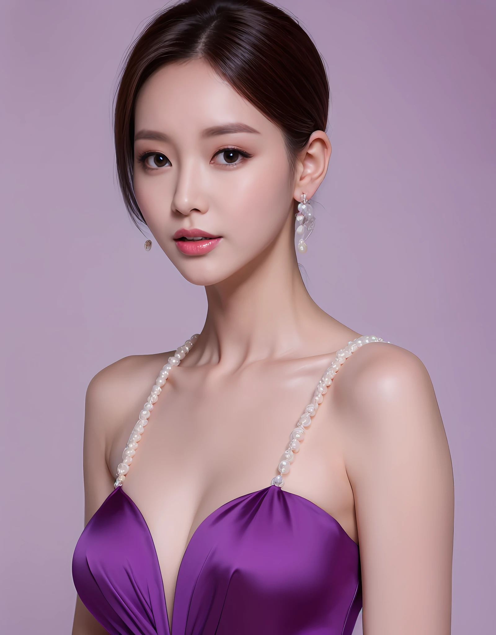 Bust Elegant lady in purple dress, Pearl hanging earrings,  (8K, Best quality : 1.2), (Masterpiece, Photorealistic : 1.3), Super detail, Anatomically correct