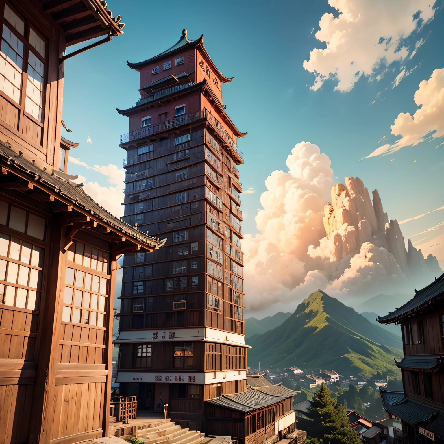 Ancient wind,Quaint,Chinese,Restaurant hostel,towering,The exterior of the entire building,wood,high rise,Towering,Located at the foot of the mountain,Individual building,with blue sky and white clouds