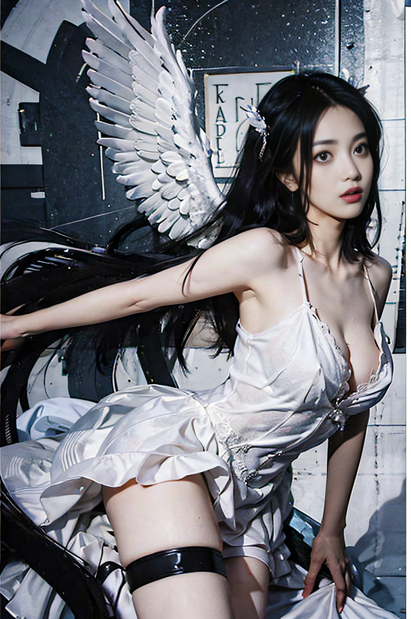 （best qualtiy、8K、32K、tmasterpiece、hyper HD、ultra - detailed、Wallpapers、realisticlying、realisticlying：1.2）、Arad woman in black and white costume with wings, full - body majestic angel, wearing angel, angel knight gothic girl, tall female angel, hip skirt wings, angel girl, with real wings, Girl with angel wings, angel with black wings, angel themed, young wan angel, beautiful cyborg angel girl, massive angel wings, Angelic, Wide angel