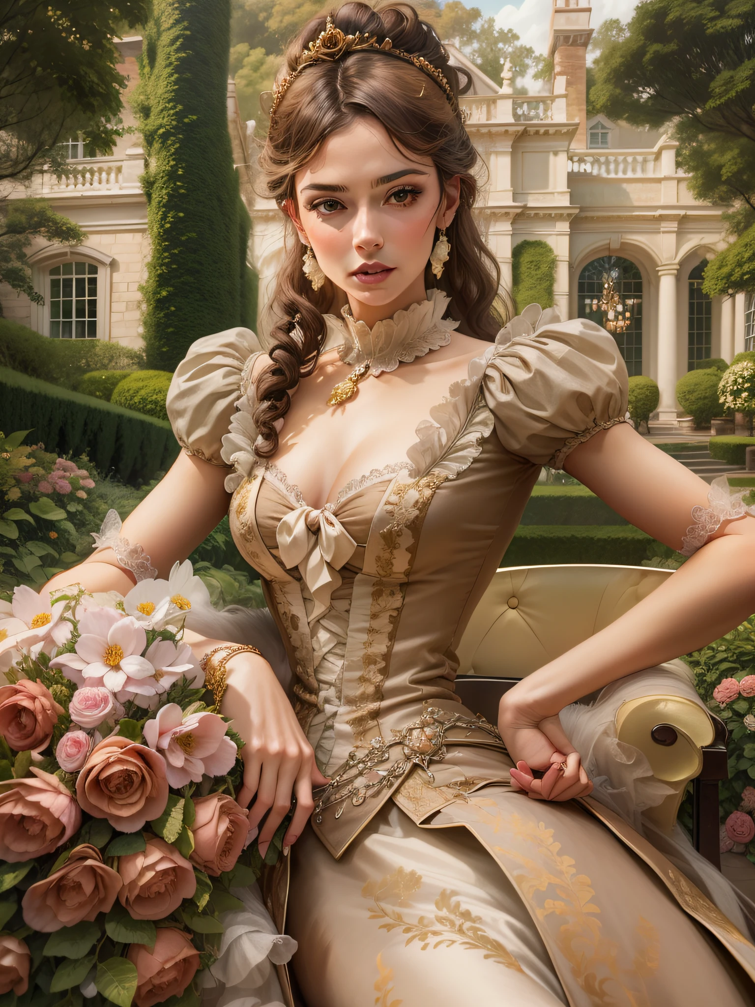 Junte-se a Lady Isabella, uma aristocrata em seu traje luxuoso, enquanto ela participa de uma sofisticada festa no jardim. Set against the backdrop of an opulent mansion and a flourishing English garden, It symbolizes the elegance and privilege of the Victorian upper class.