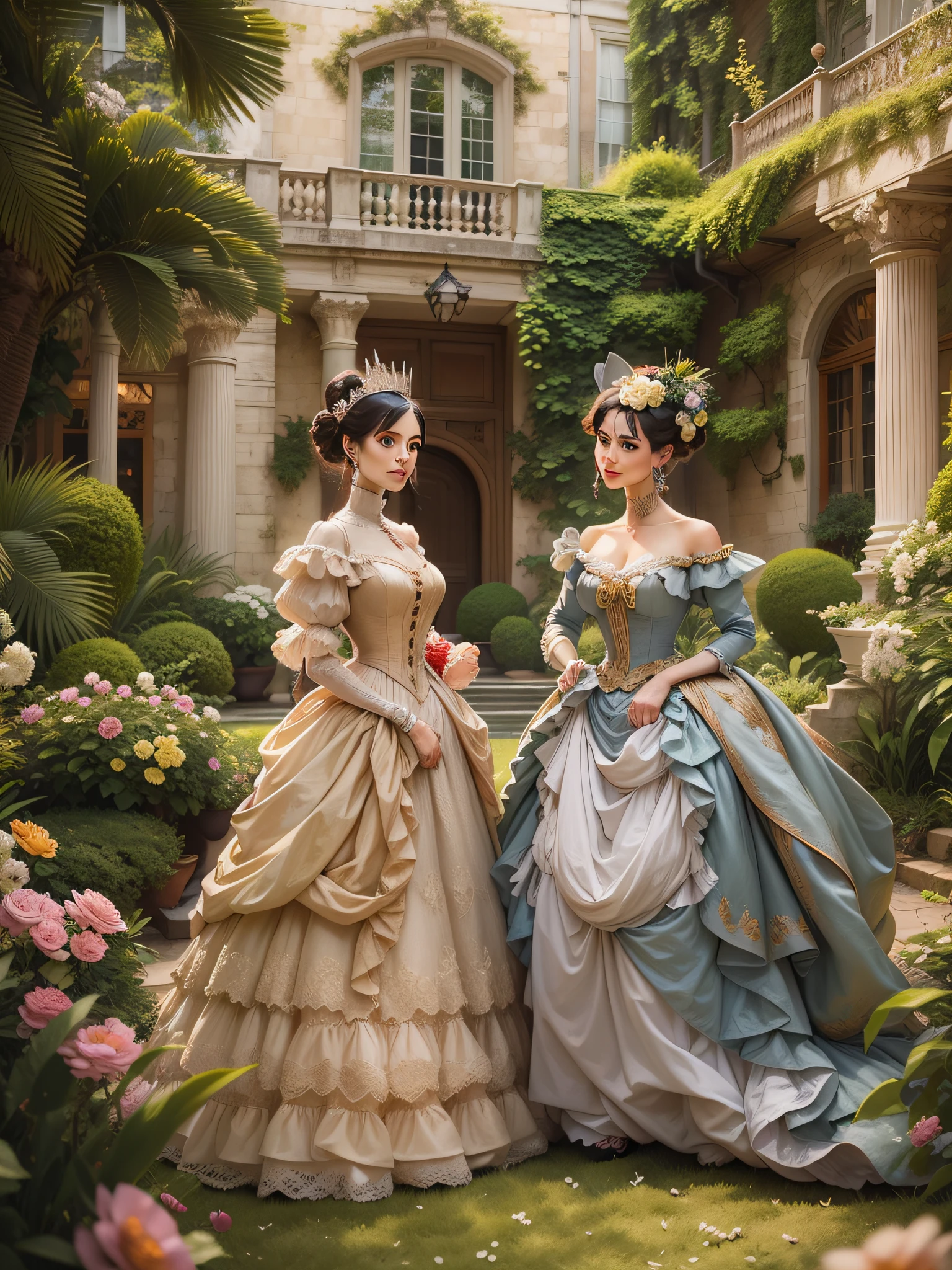 Junte-se a Lady Isabella, uma aristocrata em seu traje luxuoso, enquanto ela participa de uma sofisticada festa no jardim. Set against the backdrop of an opulent mansion and a flourishing English garden, It symbolizes the elegance and privilege of the Victorian upper class.
