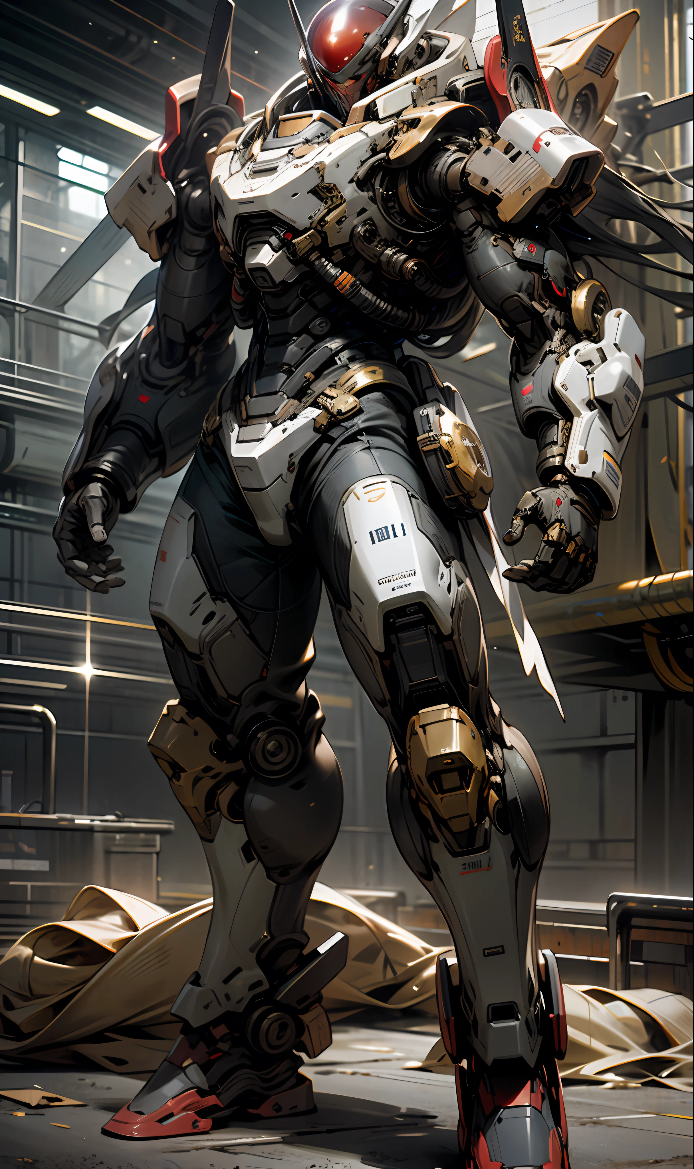 High resolution, golden red back, masterpiece, perfect images quality, battlefield background, metal space wing, showing full body display, showing full objects