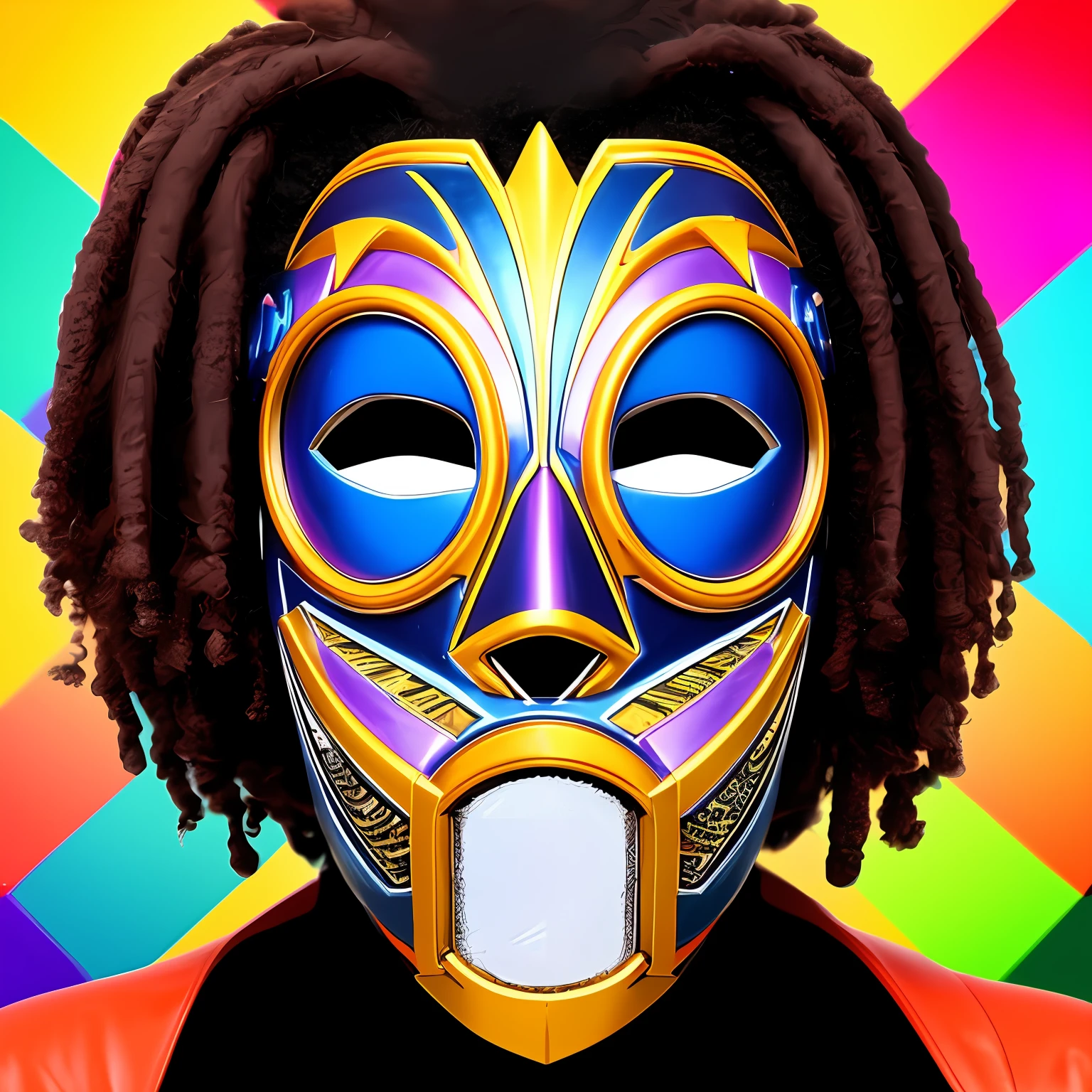 Create a super technological mask, futurista, Tribal, africana, super colorida e com muitos detalhes, fundo branco, 8k, melhor qualidade, imagem profissional, sem sombras, cores vivas, 24k