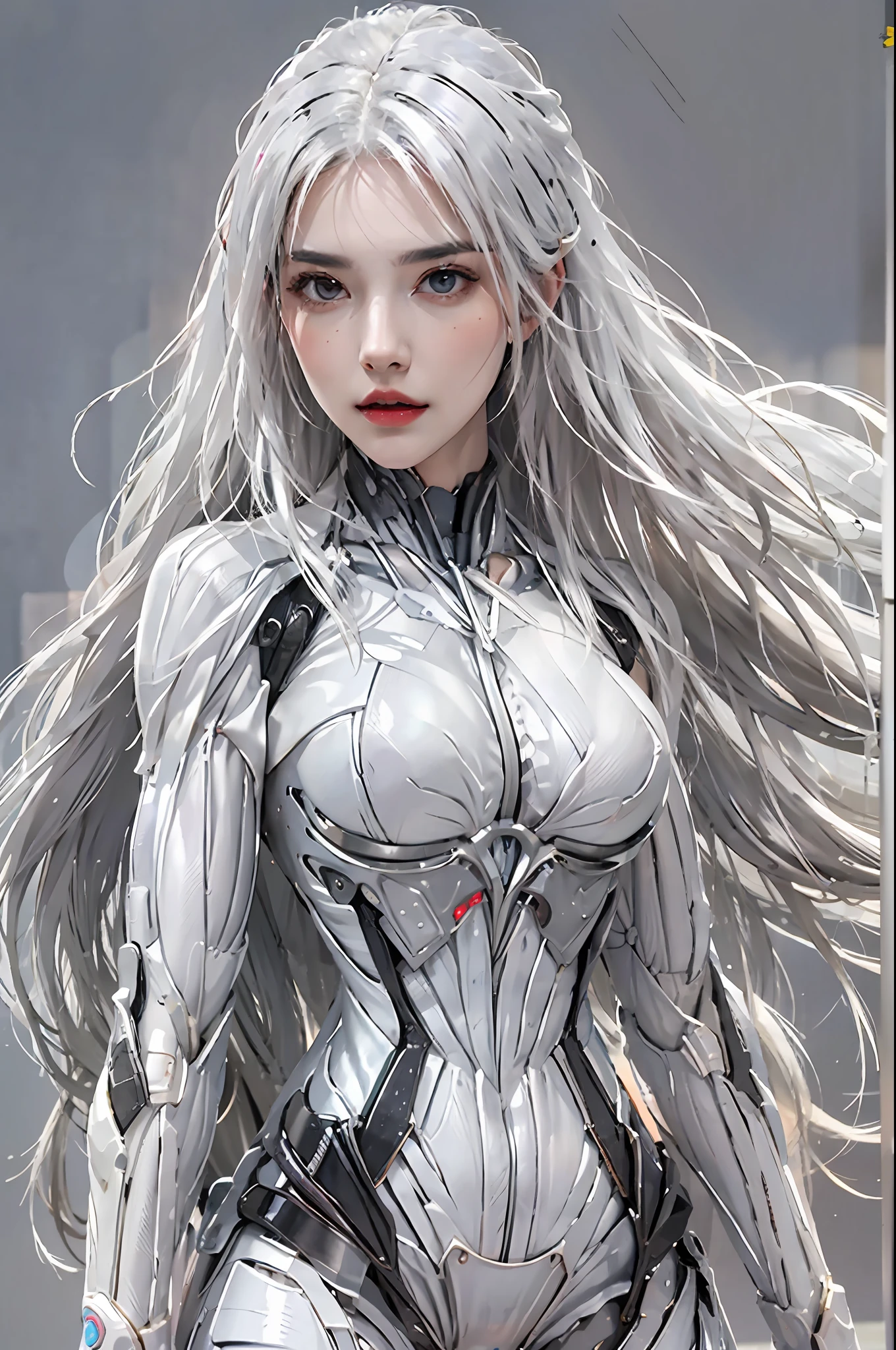 photorealistic, high resolution, 1 girl, hips up, beautiful eyes, white hair, long hair, nanosuit