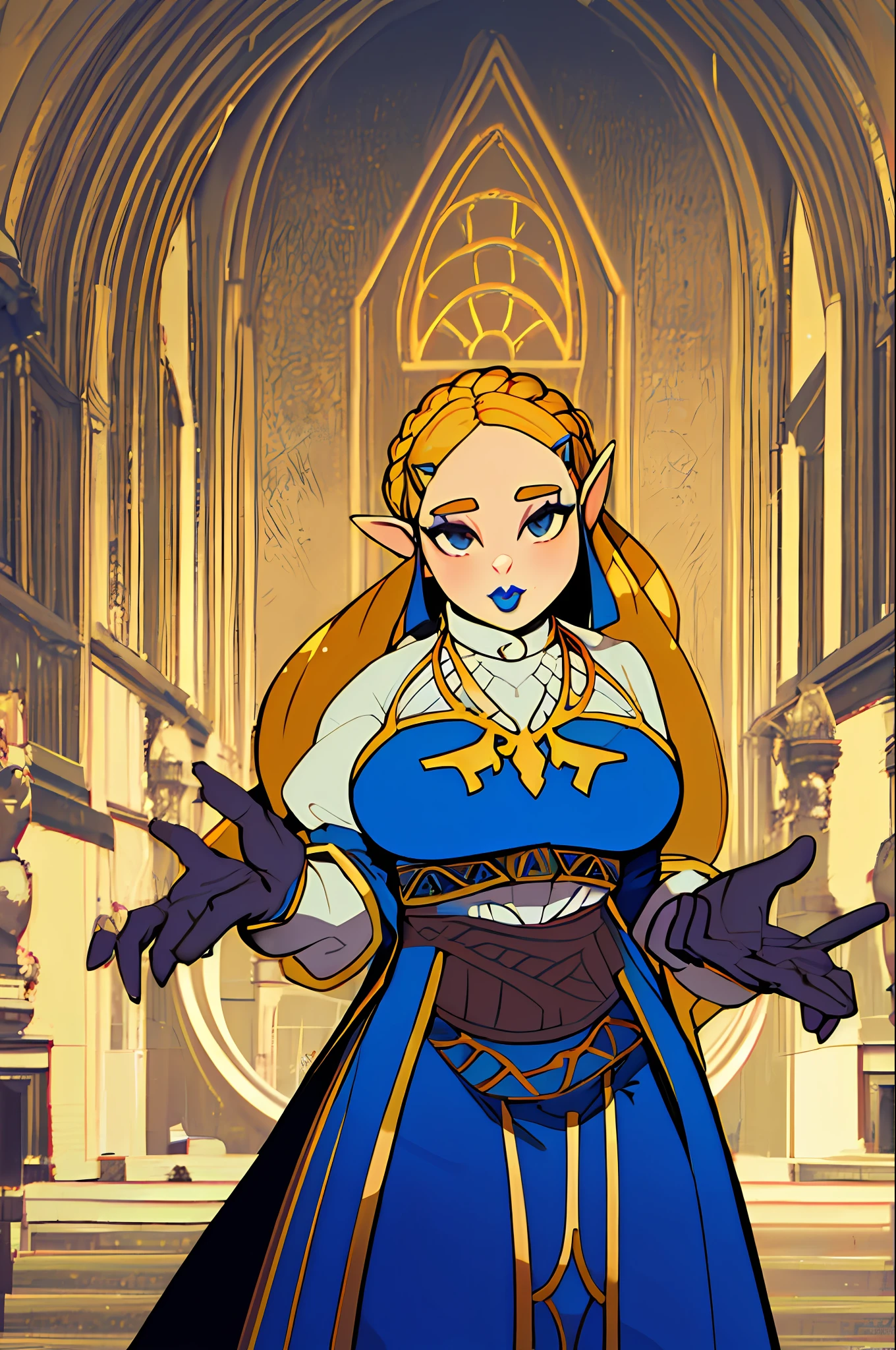 Queen in a royal blue dress standing in a Castle Hall, queen zelda, zelda botw, breath of the wild art style, zelda style art, zelda, princess zelda, botw style, zelda with triforce, from legend of zelda, botw, breath of the wild style, zelda breath of the wild, wearing crown, heavy blue lipstick, large wide Queen Dress, Tapered Dress with corset, Large Banquet Dress, Queen fancy Makeup, large fancy wide-cuff gloves, white cuff gloves with gold trim, queen crown, wide tall queen crown