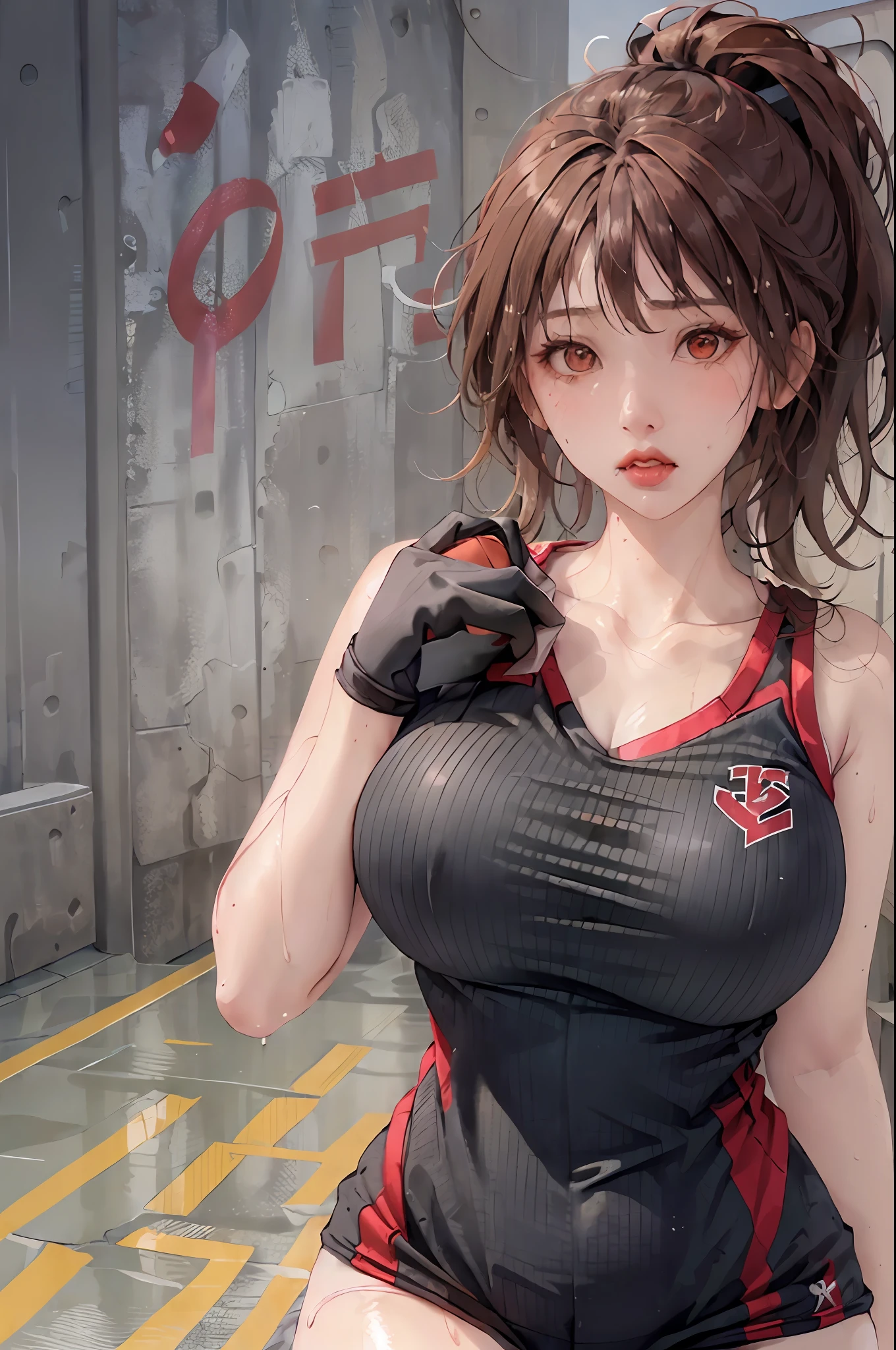 Masterpiece: 1.2, best quality), realistic, (real picture, rich details details, depth of field), (1girl, solo), makeup, cleft lip, high detail, perfect face shape, (big breasts: 1.4), (skindentation), thick thighs, wide buttocks, Thin waist, tall, coral, red lips, red eyes, ponytail, (((((basketball girl, transparent red black basketball suit)))), (sweat: 1.2), (wet), sexy, blush, sweaty