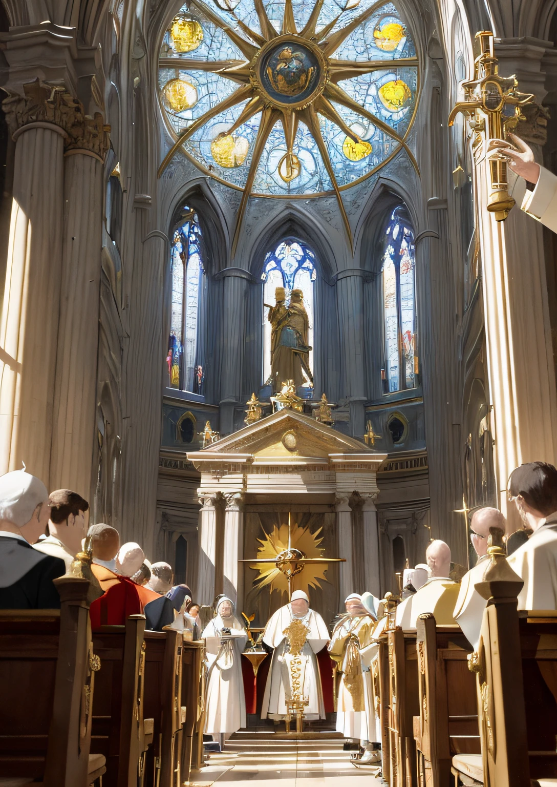 (A splendid church, Pope holding a golden cane, Hand up, The crowd bowed down, The golden sun shone on everyone, The maid holds a magic weapon, Sacred rituals, a sense of mystery, 4K)