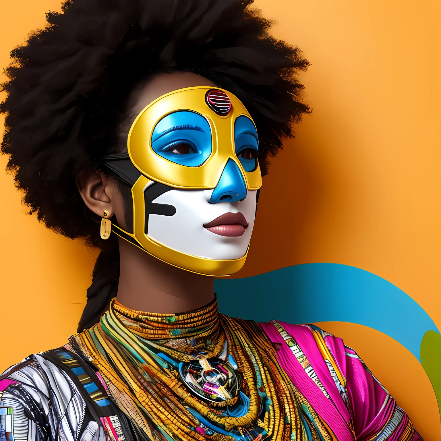 Create a super technological mask, futurista, Tribal, africana, super colorida e com muitos detalhes, alongador de pescoco, fundo branco, 8k, melhor qualidade, imagem profissional, sem sombras, cores vivas, 24k