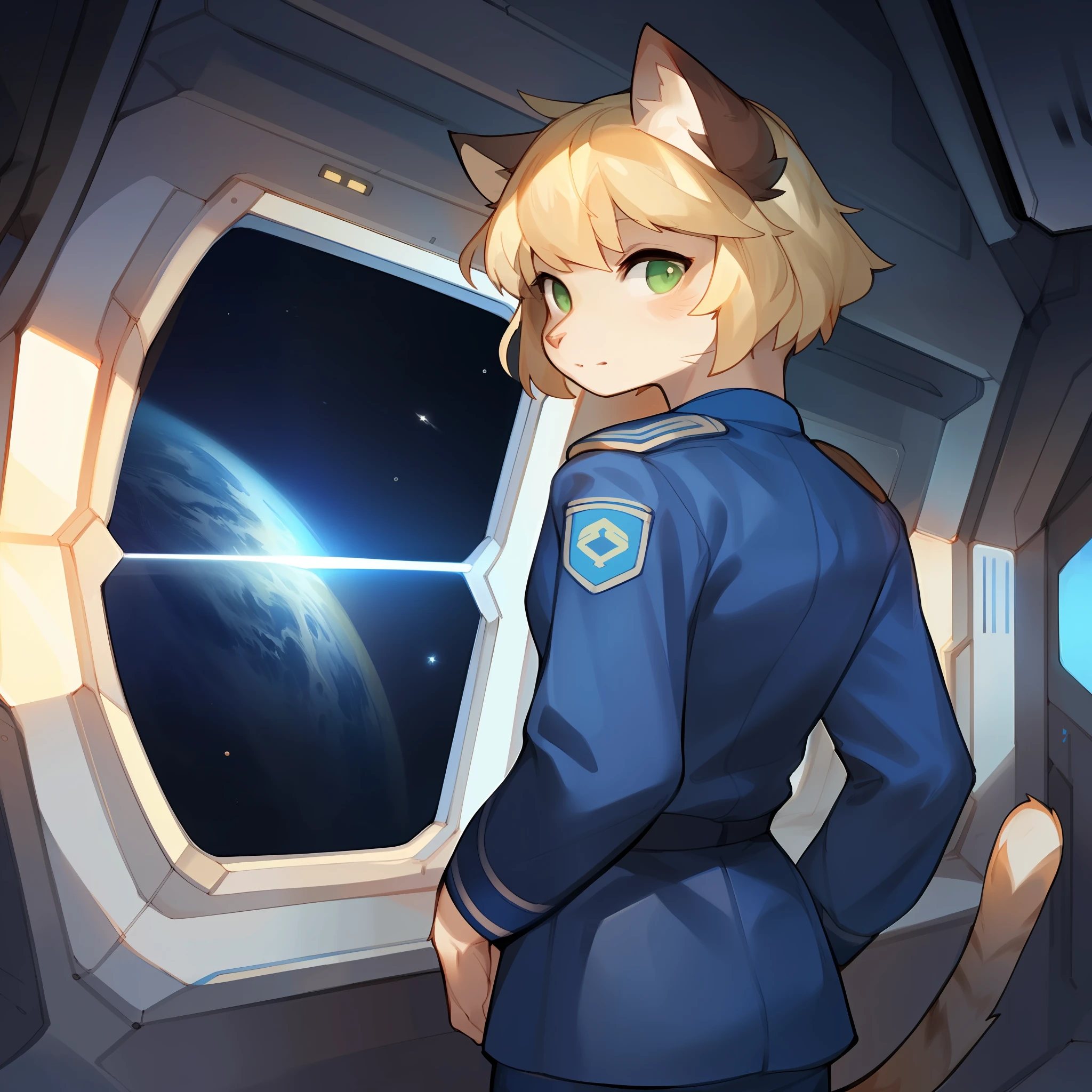 Solo, male, standing, (((blue Japanese military uniform))), blonde hair, short hair, (((feline, snout))), green eyes, standing at the controls of a spaceship, window, space, by bebebebebe, by spuydjeks, by spikedmauler