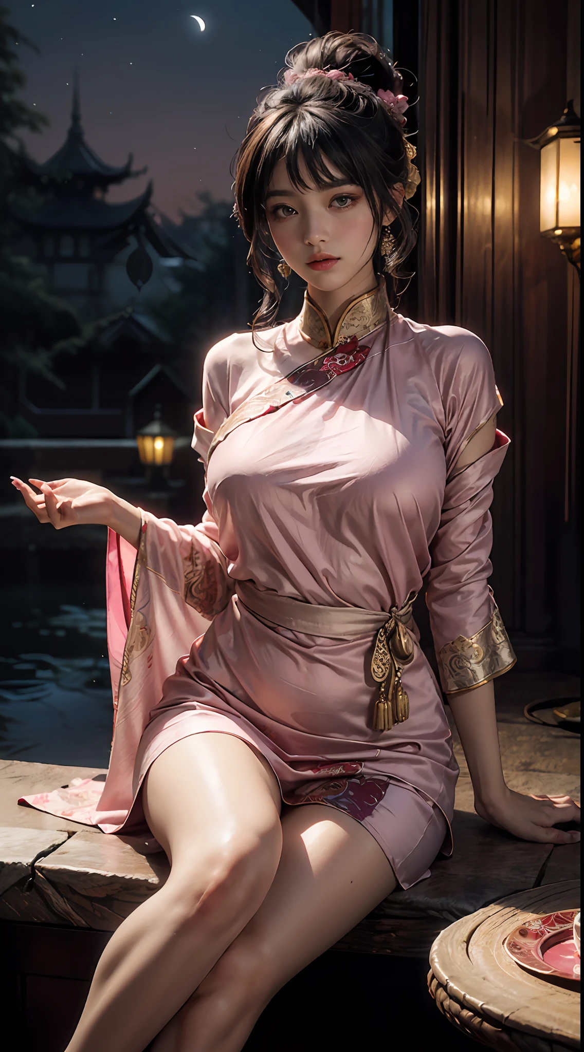 The art depicts a charming woman dressed in a flowing, silky traditional oriental dress, pink, decorated with intricate patterns and bright colors. Her dress drapes elegantly over her curvy figure, accentuating her seductive silhouette. She stood gracefully in the quiet moonlit night, bathed in the soft glow of the moonlight. The scene exudes an ethereal and dreamy atmosphere, with a touch of mystery and sexiness. The graphic style blends watercolor and digital illustration techniques to evoke a refined beauty and charm. The lights are filled with soft moonlight, casting soft highlights and shadows on her charming features. Bare thighs, big breasts, three-dimensional facial features, sitting, upturned legs