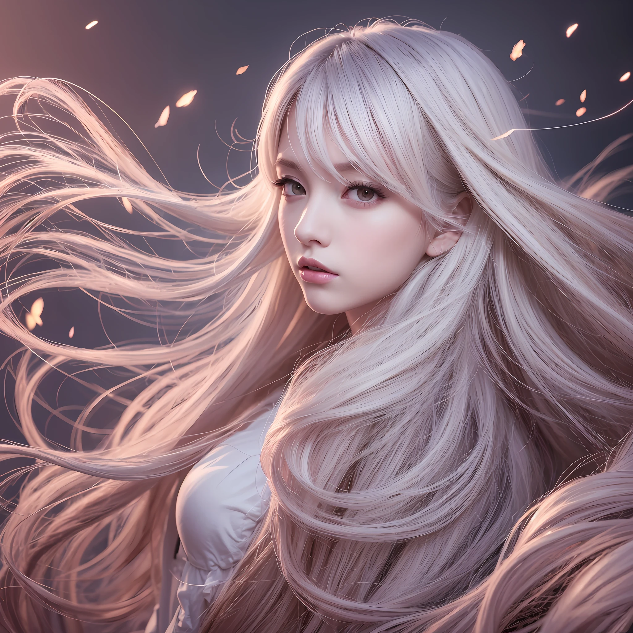 Pale white hair Light pink skin, Anime girl with long hair fluttering in the wind, glowing flowing hair, Beautiful digital art beautiful, flowing glowing hair, beautiful digital art, stunning digital illustration, beautiful digital art, beautiful digital art, beautiful digital painting, Beautiful illustrated figures, Very beautiful digital art, epic digital art illustration, Beautiful digital painting, stunning digital painting, Beautiful flowing hair, stunning digital art, Ultra photo realsisim, Special attention to detail.