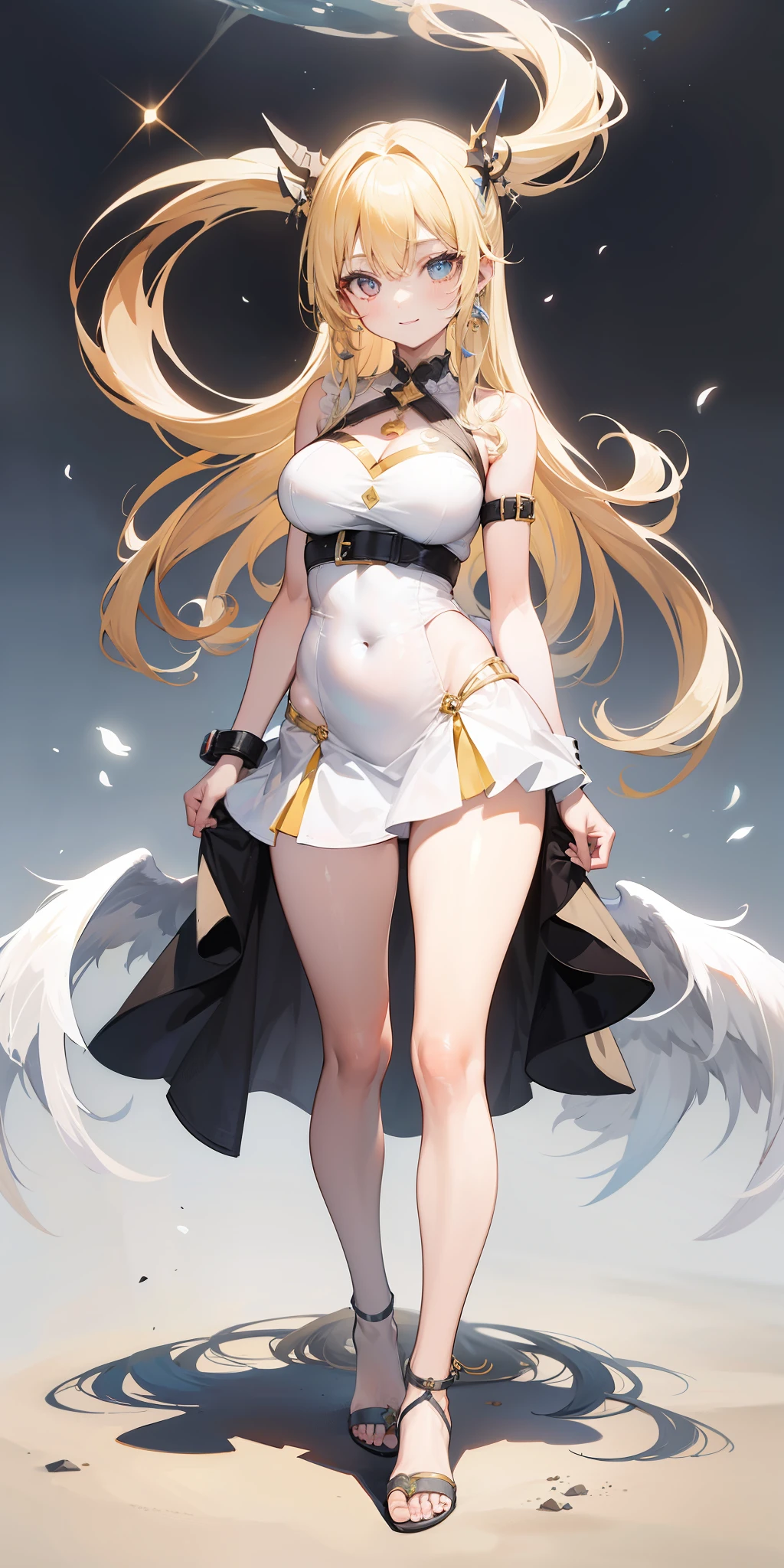menina do anjo, Asas de anjo nas costas, vestido branco, pale skin, olhos azuis, orelha, nariz, boca aberta, sorridente, blonde hair, Neck strap, Ombros, peito grande, Arms, barriga, cintura fina, pernas grossas, coxa grande, Feet, piso, Standing