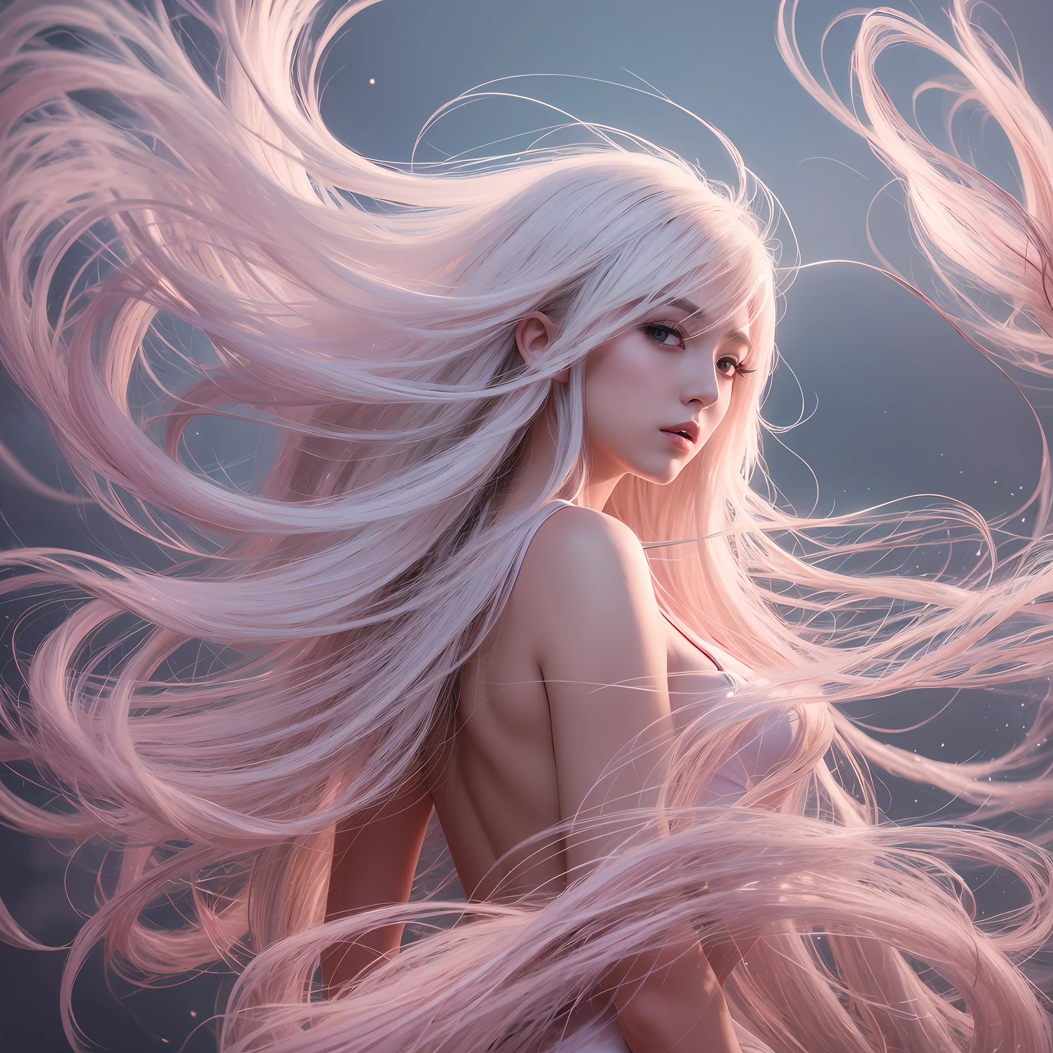 Pale white hair Light pink skin, Anime girl with long hair fluttering in the wind, glowing flowing hair, Beautiful digital art beautiful, flowing glowing hair, beautiful digital art, stunning digital illustration, beautiful digital art, beautiful digital art, beautiful digital painting, Beautiful illustrated figures, Very beautiful digital art, epic digital art illustration, Beautiful digital painting, stunning digital painting, Beautiful flowing hair, stunning digital art, Ultra photo realsisim, Special attention to detail.