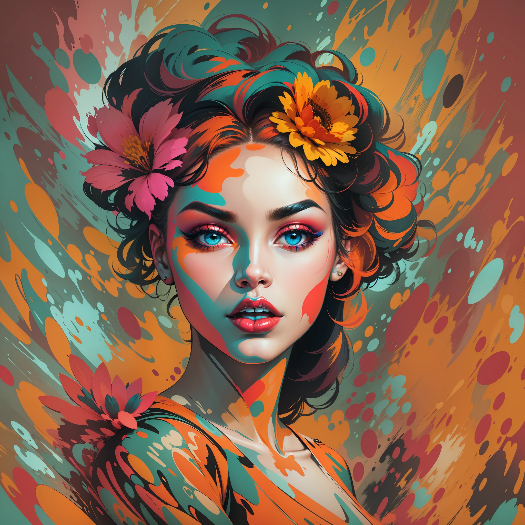 Create a digital art work in pop art style, featureing a vibrant and confident woman with bold makeup and colorfull fashion, complementary color scheme, surrounded by abstract flower patterns, energtic brushstrokes,the mood should be dynamic.