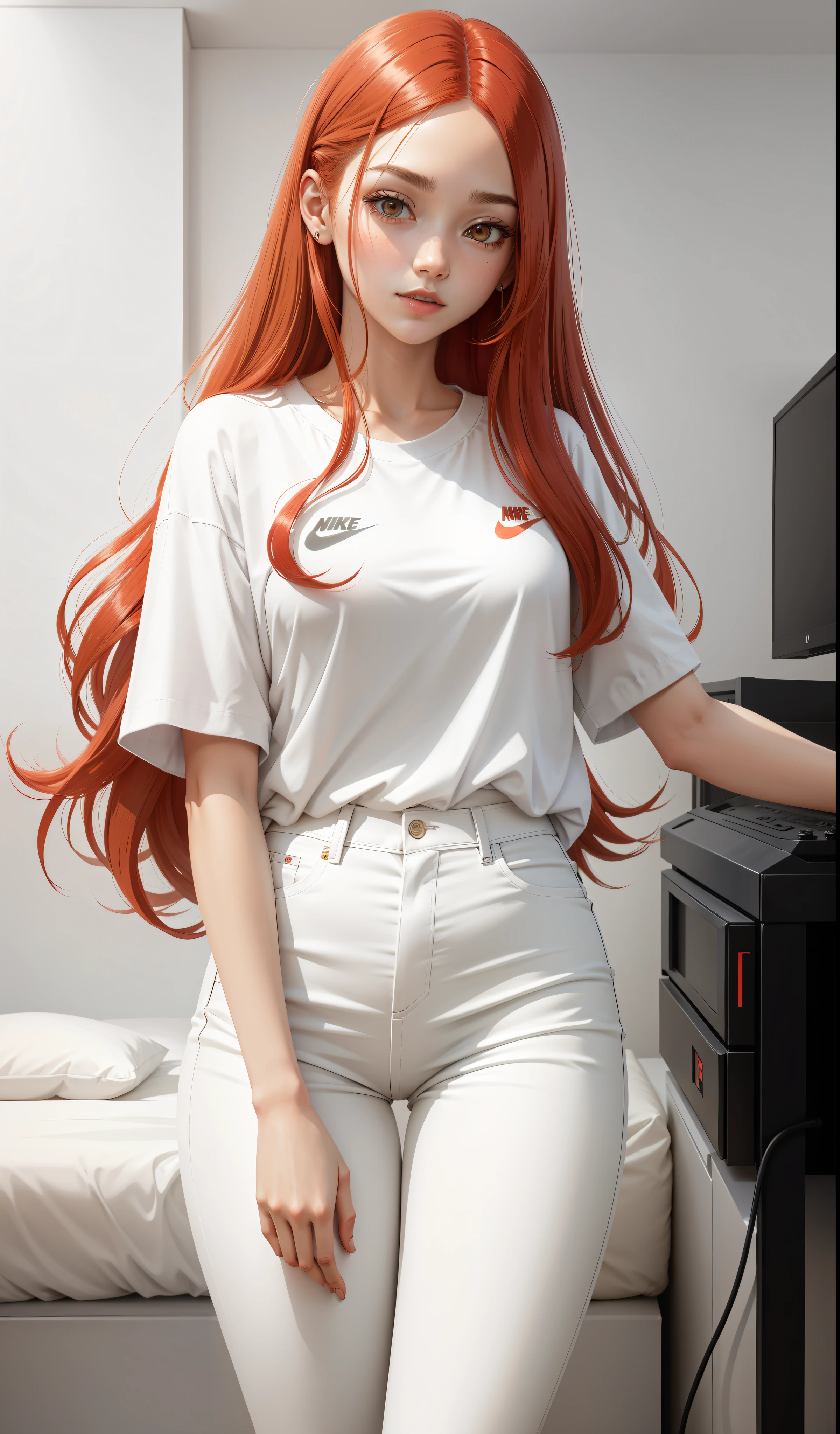 a woman in a white shirt and red pants is playing video game, simple style, wearing elegant casual clothes, muted red, simple clothes, milk and red style, casual clothing style, modern fashion outfit, wearing a fisher , casual modern clothing, inspo, red clothes, red pants, neutral tones, rred and white color scheme, casual business outfit, scary face, nike shoes, 22 years old, adult face, long hair, ((red hair))