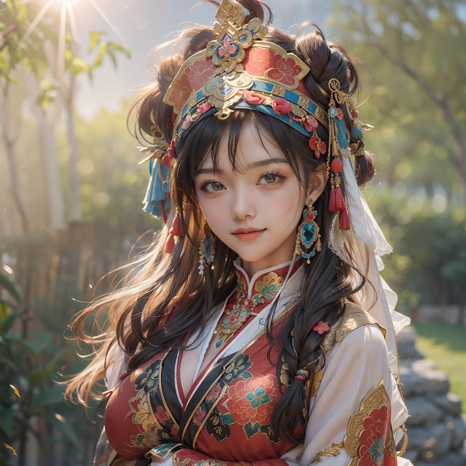 (Best quality), (Masterpiece), (1girl), beautiful girl, perfect face, perfect body, big breast, sexy, Mongolian traditional clothes, Mongolia headwear, stand, posing, outdoor, sun light, morning light, messy hair, smile