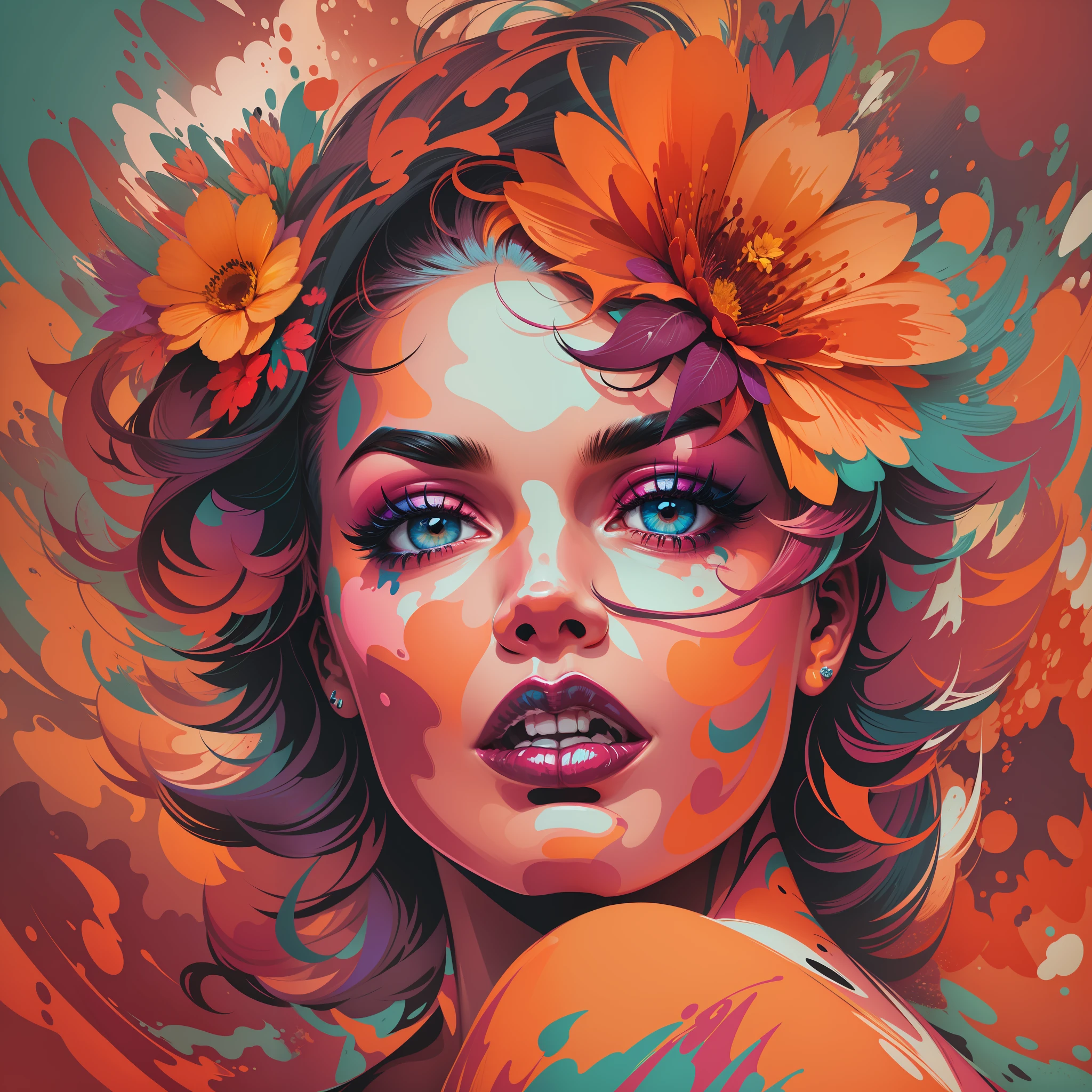 Create a digital art work in pop art style, featureing a vibrant and confident woman with bold makeup and colorfull fashion, complementary color scheme, surrounded by abstract flower patterns, energtic brushstrokes,the mood should be dynamic.