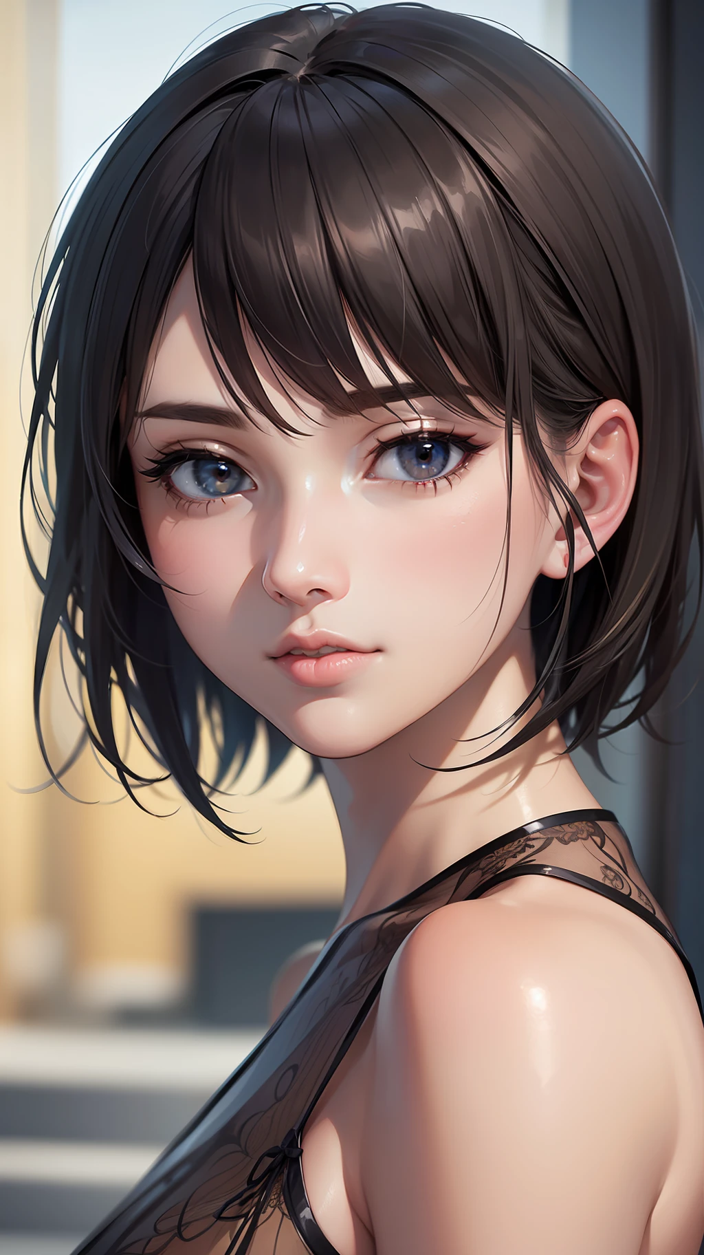 (masterpiece:1.3), (8k, photorealistic, RAW photo, best quality: 1.4), (1girl), beautiful face, (realistic face), (black hair, short hair:1.3), Nice hairstyle，Realistic Eyes，Nice detail eyes，（Realistic Skin），Beautiful Skin，（Lingerie），Ridiculous，attractive，Ultra high Resolution，an ultra realistic，RAWExtremely detailed，golden proportions，全身写真