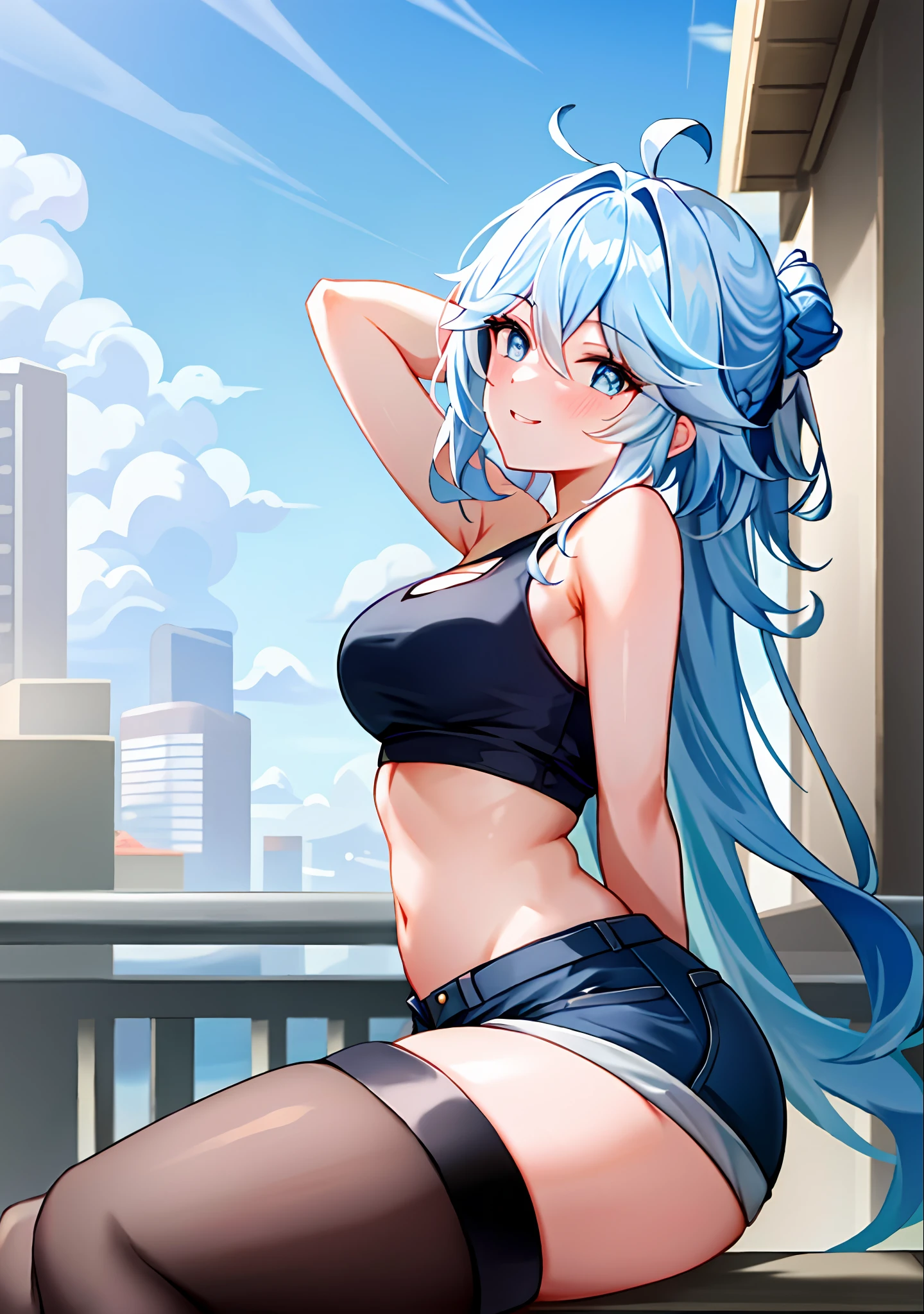 (masterpiece, best quality, ultra-detailed), focalors \(genshin impact\), (blue sea hair), cone hair bun, twin tails, long hair, swept bangs, braid, braided bangs, blue eyes, blue eyes,
(wearing a t-shirt:1.2), sitting on a chair outside of caf, embracing the natural beauty, sunlight, beautiful cloudy sky, city, street, denim shorts, black stocking,
medium breasts, thick thighs, critical angle, cowboy shot, arm behind head, arm behind back, armpits, light smile, crop top, strong and seductive expressions,,