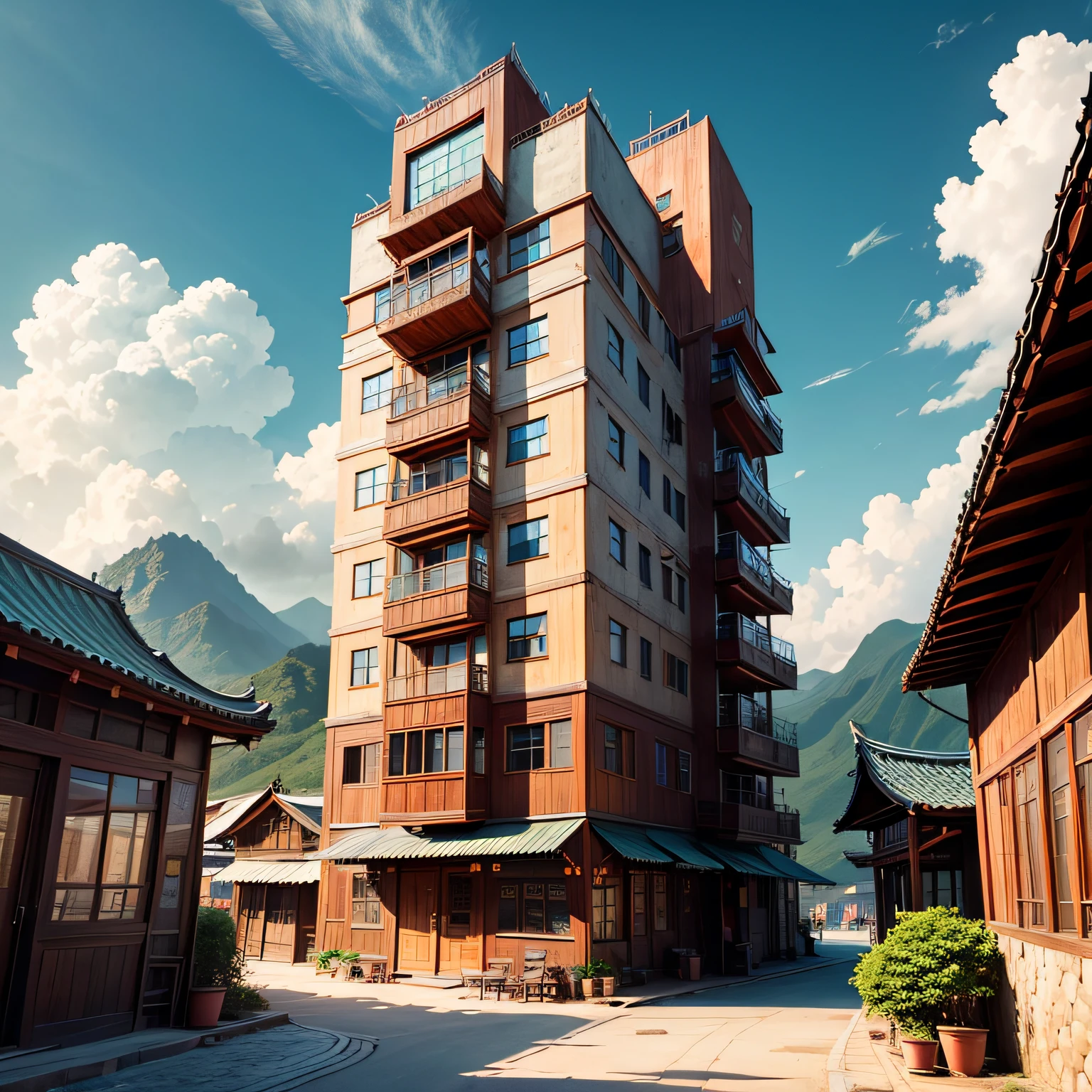 Ancient wind，Quaint，Chinese，Restaurant hostel，towering，The exterior of the entire building，wood，high rise，towering，Located at the foot of the mountain，Individual building，with blue sky and white clouds