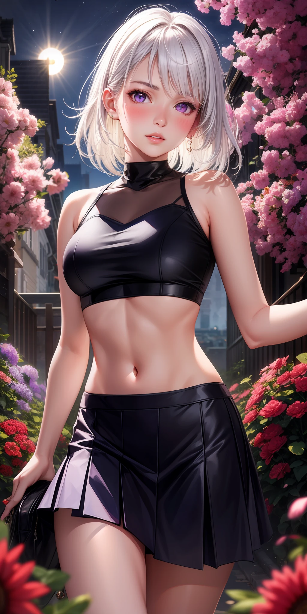 realistic, 1girl, white hair, purple eyes, glowing eyes, crop top, skirt, parted lips, blush, night, flowers, sun, sunlight,