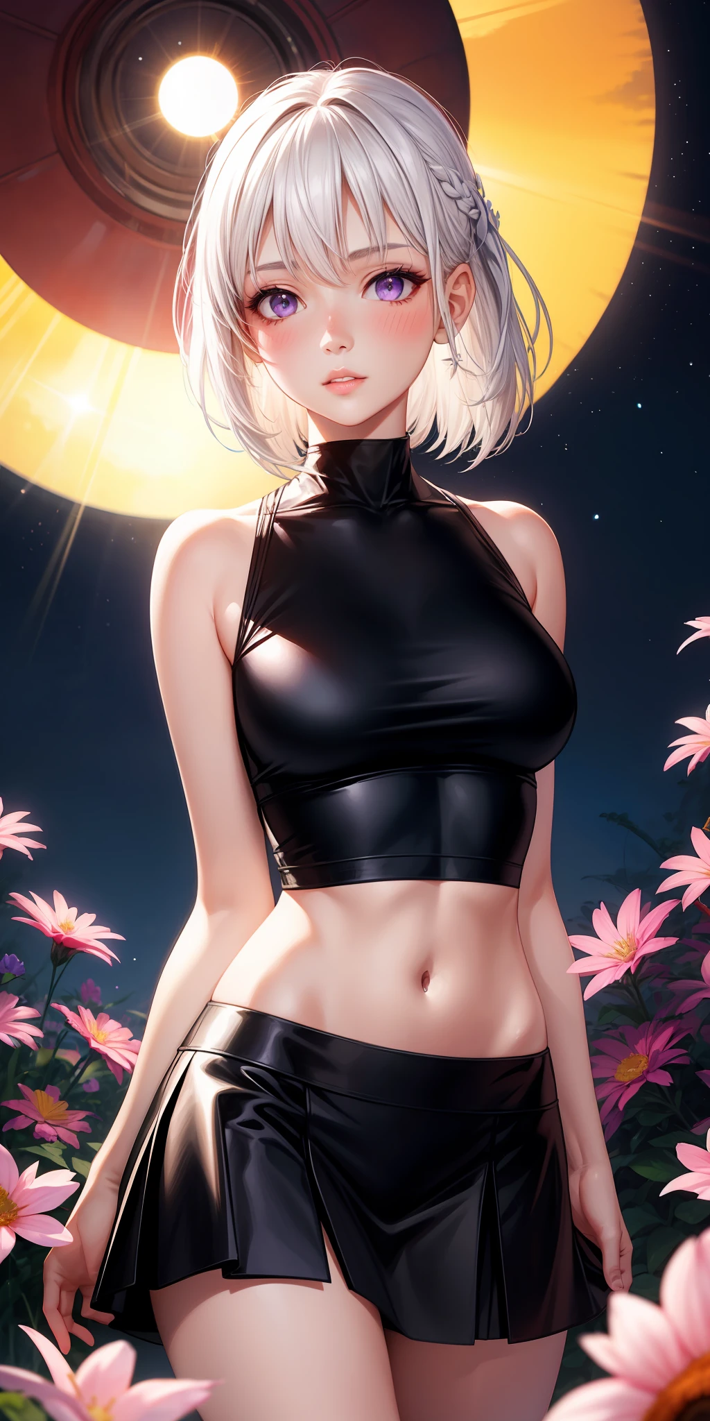 realistic, 1girl, white hair, purple eyes, glowing eyes, crop top, skirt, parted lips, blush, night, flowers, sun, sunlight,