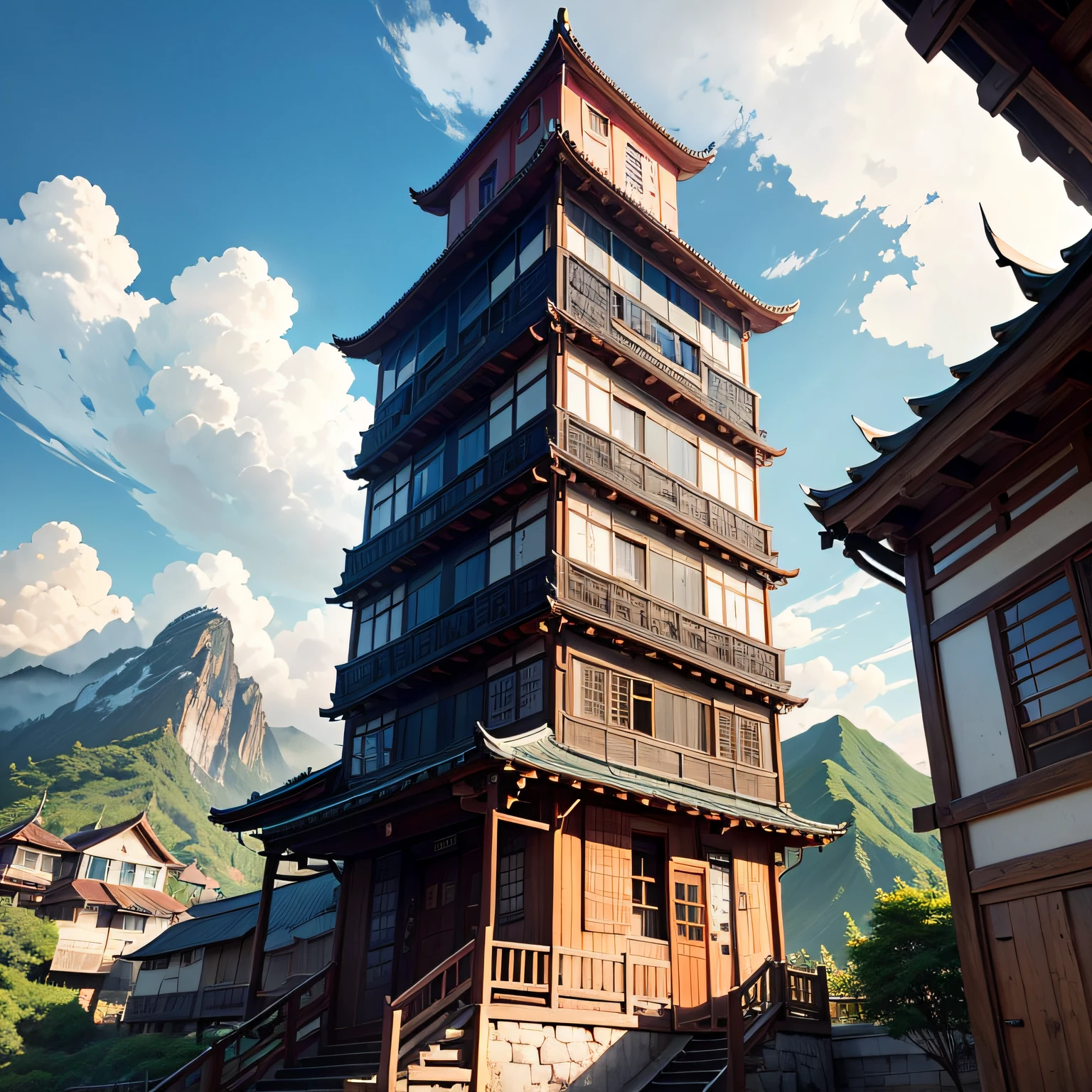 Ancient wind,Quaint,Chinese,Restaurant hostel,towering,The exterior of the entire building,wood,high rise,towering,Located at the foot of the mountain,Individual building,with blue sky and white clouds