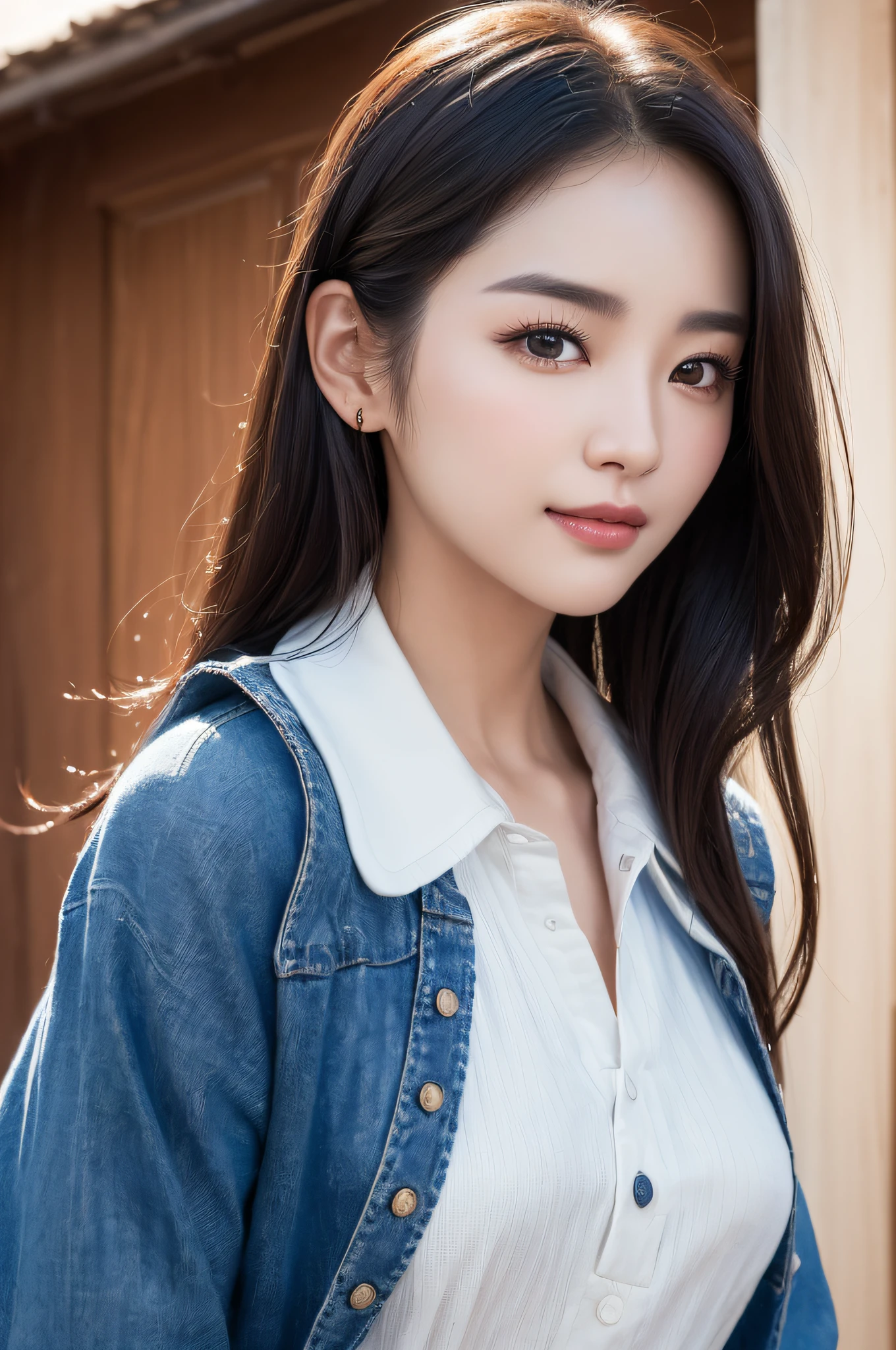 ((best qualtiy、8k masterpieces:1.3))、foco nítido:1.2、(ultra beautiful faces:1.0)、(shinny skin:1.0)、photos realistic、A dark-haired、Video Lighting、High-definition eyes and face、Video Lighting、(cowboy shot:1.3)、(Korean Cute Actress)、from the front side、medium large breasts、ssmile、Sleeveless、Wearing a white blouse