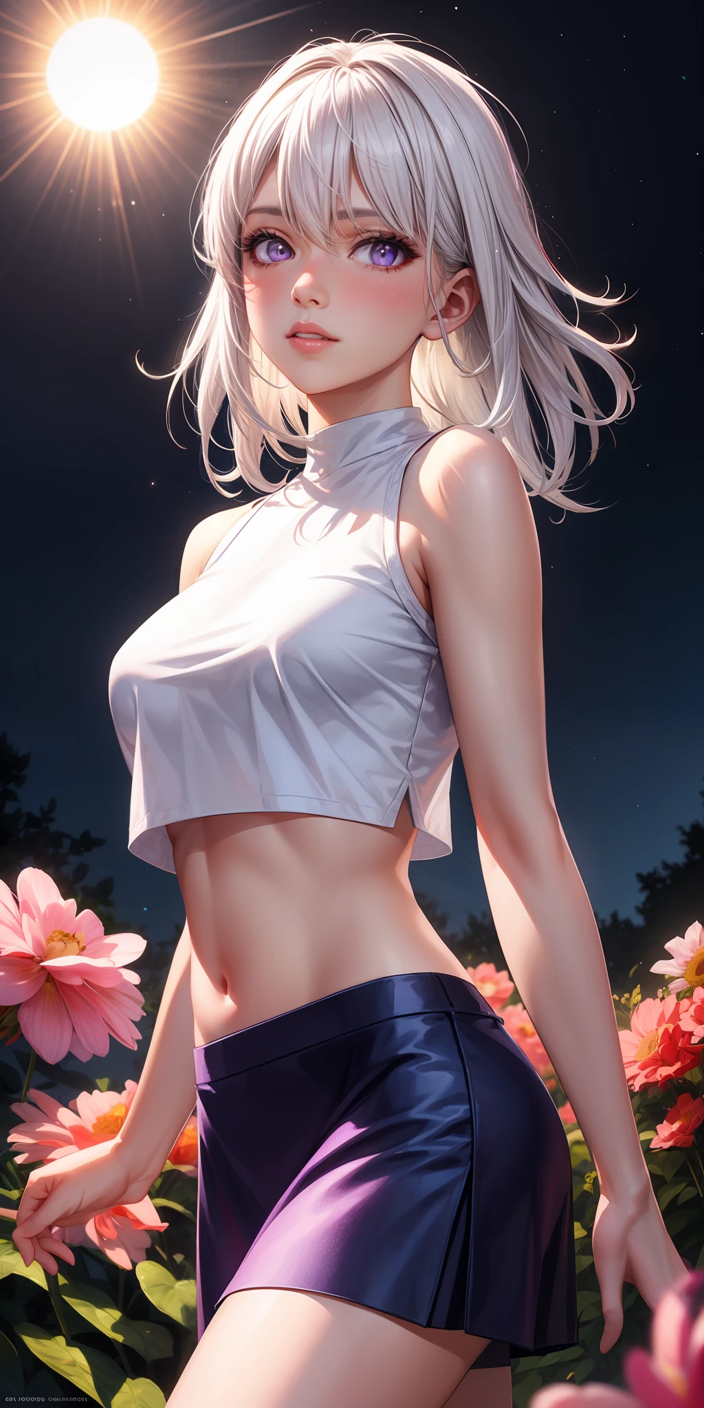 realistic, 1girl, white hair, purple eyes, glowing eyes, crop top, skirt, parted lips, blush, night, flowers, sun, sunlight,