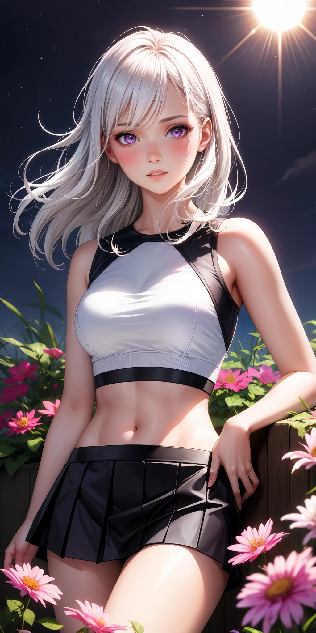 realistic, 1girl, white hair, purple eyes, glowing eyes, crop top, skirt, parted lips, blush, night, flowers, sun, sunlight,