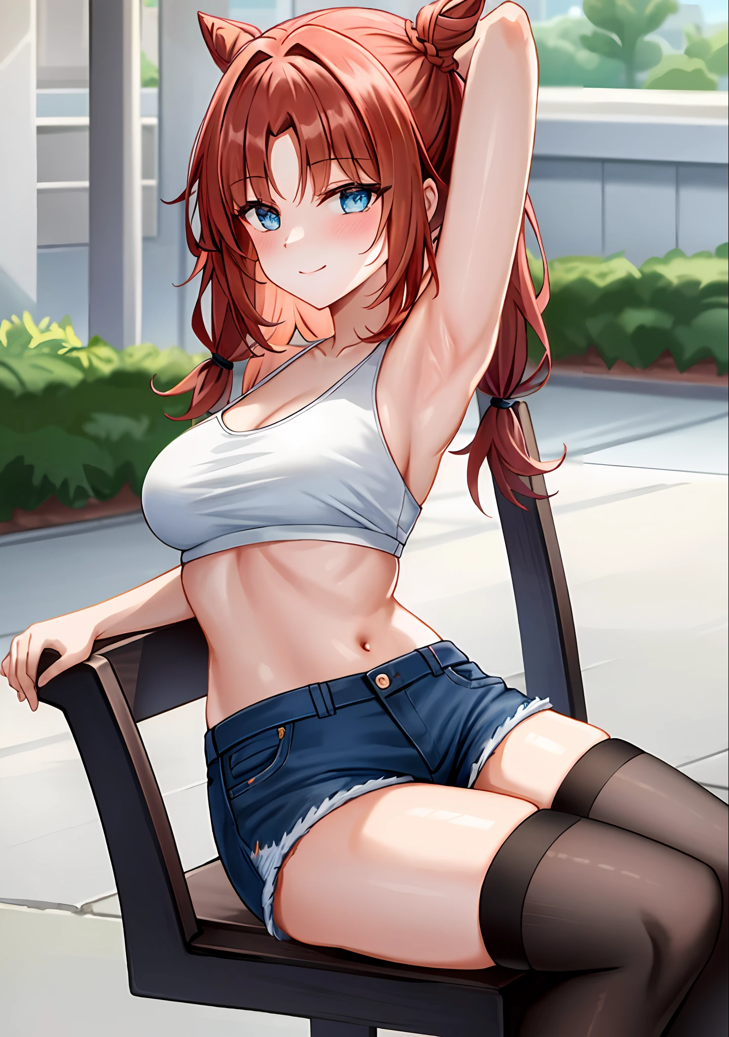 (masterpiece, best quality, ultra-detailed), nilou \(genshin impact\), (red hair), cone hair bun, twin tails, long hair, swept bangs, braid, braided bangs, blue eyes, blue eyes,
(wearing a t-shirt:1.2), sitting on a chair outside of caf, embracing the natural beauty, sunlight, beautiful cloudy sky, city, street, denim shorts, black stocking,
medium breasts, thick thighs, critical angle, cowboy shot, arm behind head, arm behind back, armpits, light smile, crop top, strong and seductive expressions,,