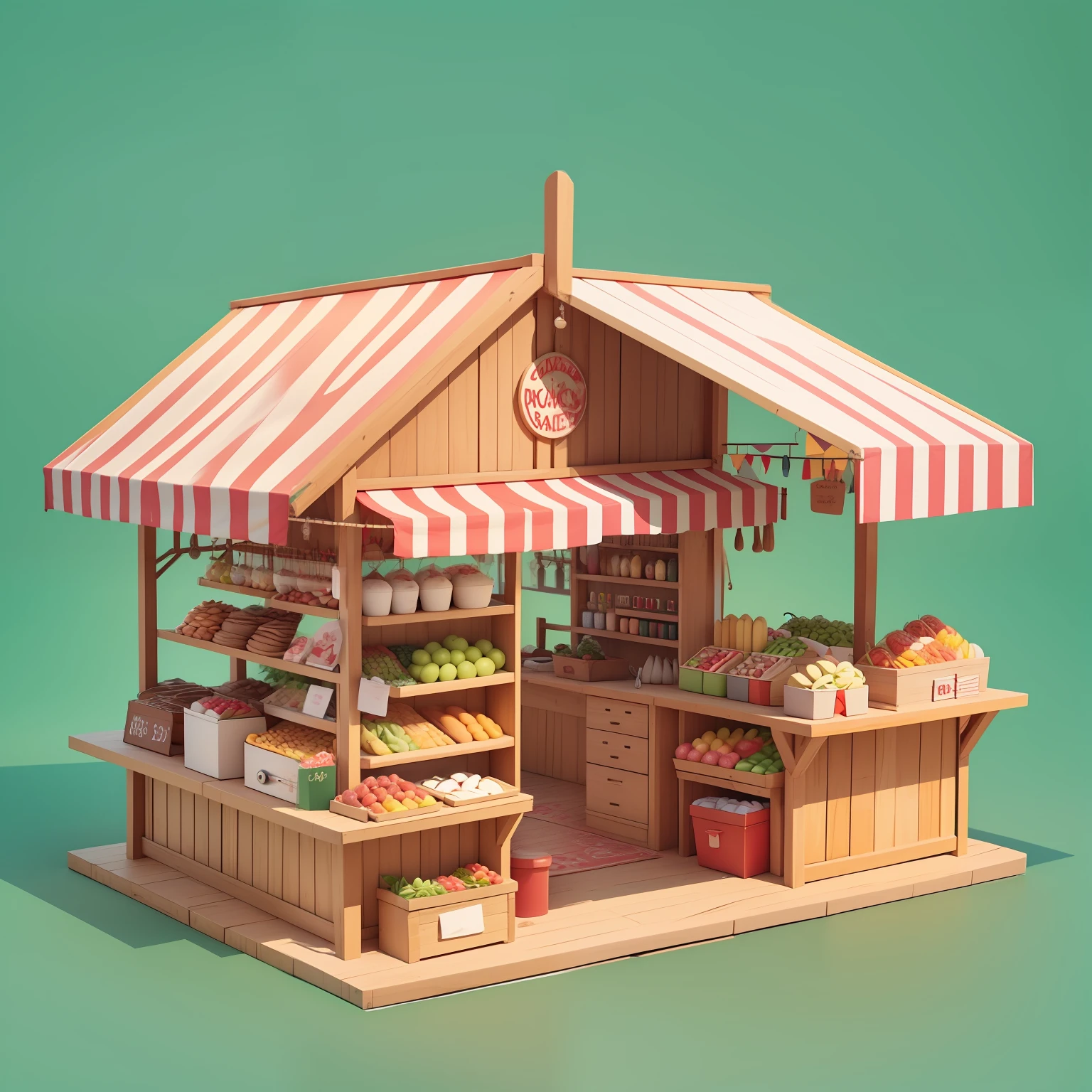 c4d,3D,cartoony,Cartoon illustration of wooden bracket with red and white awning, colored market stand, food stall, market stall,Merchant booths, Some stalls, Food stalls, flat, colored fruit stand, Market, Stand, Simple cartoon style, MarketaB, marketplace, red and brown color scheme, Simple illustration