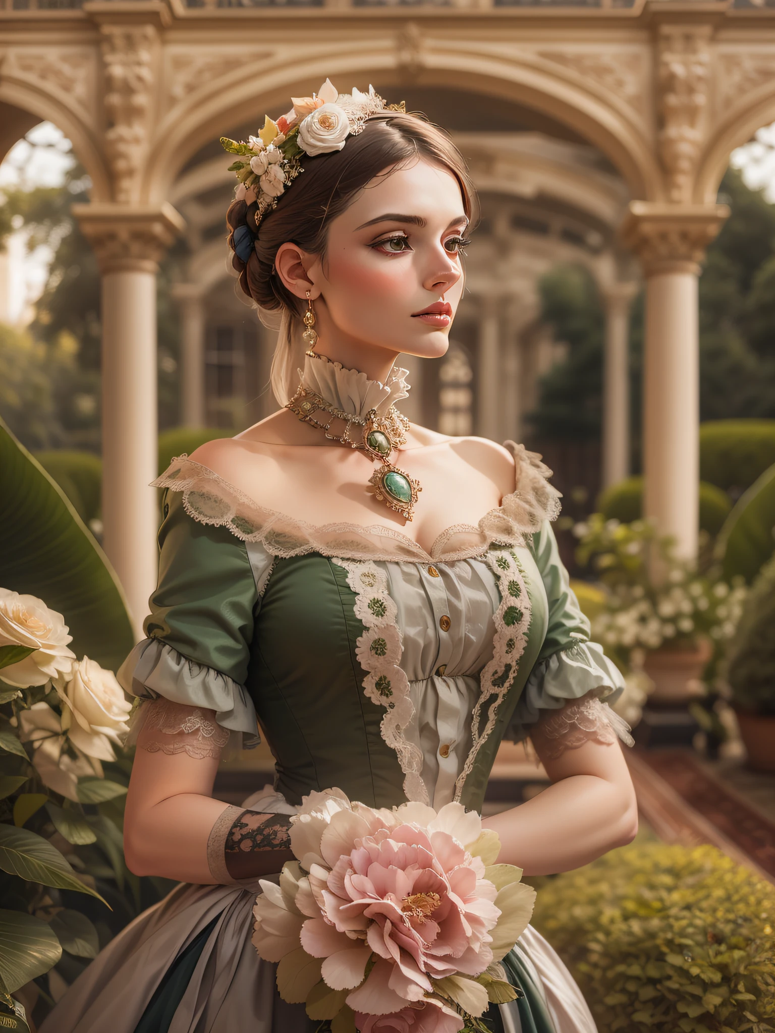 Junte-se a Lady Isabella, uma aristocrata em seu traje luxuoso, enquanto ela participa de uma sofisticada festa no jardim. Set against the backdrop of an opulent mansion and a flourishing English garden, It symbolizes the elegance and privilege of the Victorian upper class.