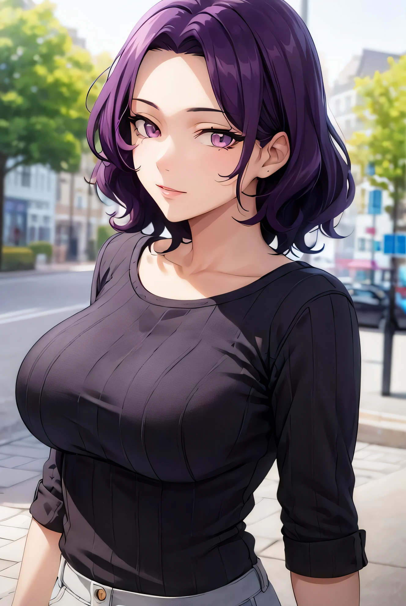 masterpiece, (best quality), 1woman, ,hamaoka_azusa, purple hair , purple eyes,medium hair,sexy woman, casual clothes,best quality , vibrant colors ,natural lighting ,RTX, big breasts, beautiful, (detailed face:1.2), showcase, (beautiful eyes) ,(photorealistic:1.1), 8k uhd, looking a viewer, simple backround