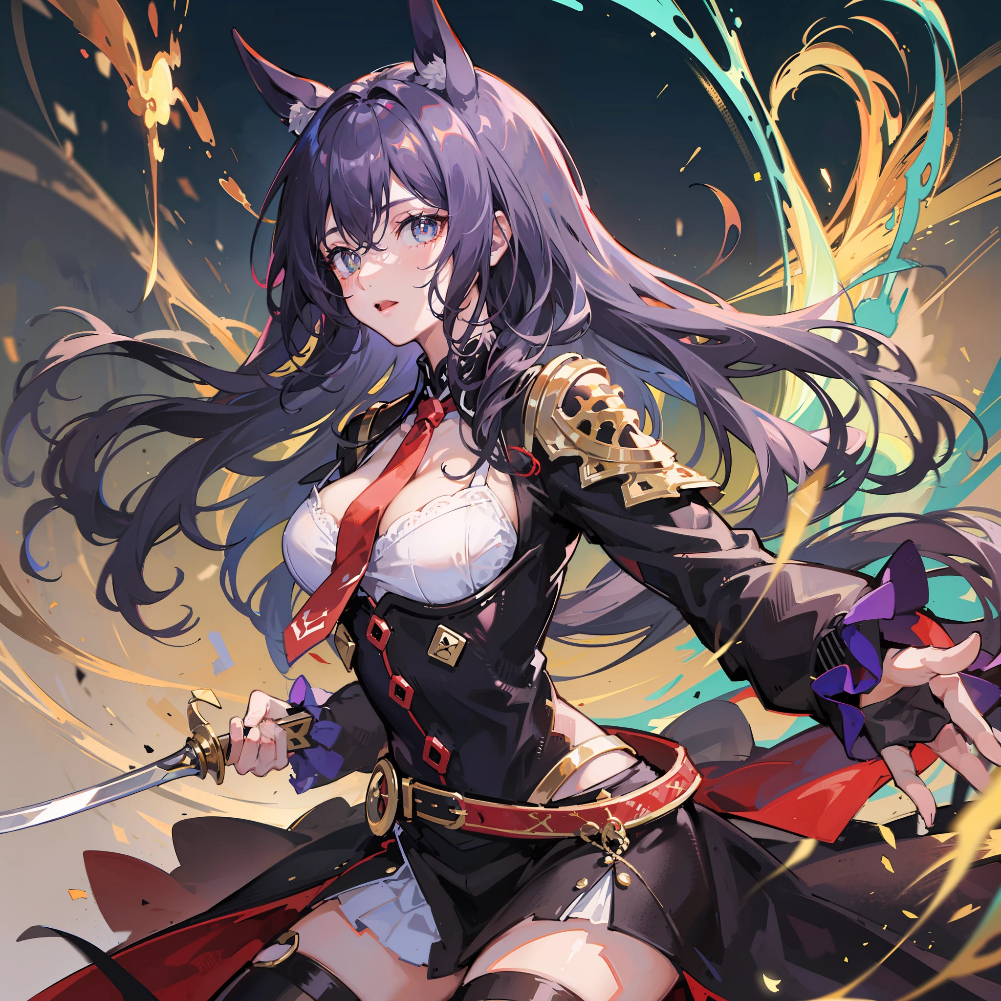 The upper part of the body,1girl,whaite hair,horse tailed,Purple pupils,(ninjartist),short sword,middlebreast,围巾,Wallpapers,Magic array background,light particules,Green fire,super high image quality,hyper-detailing,very high res