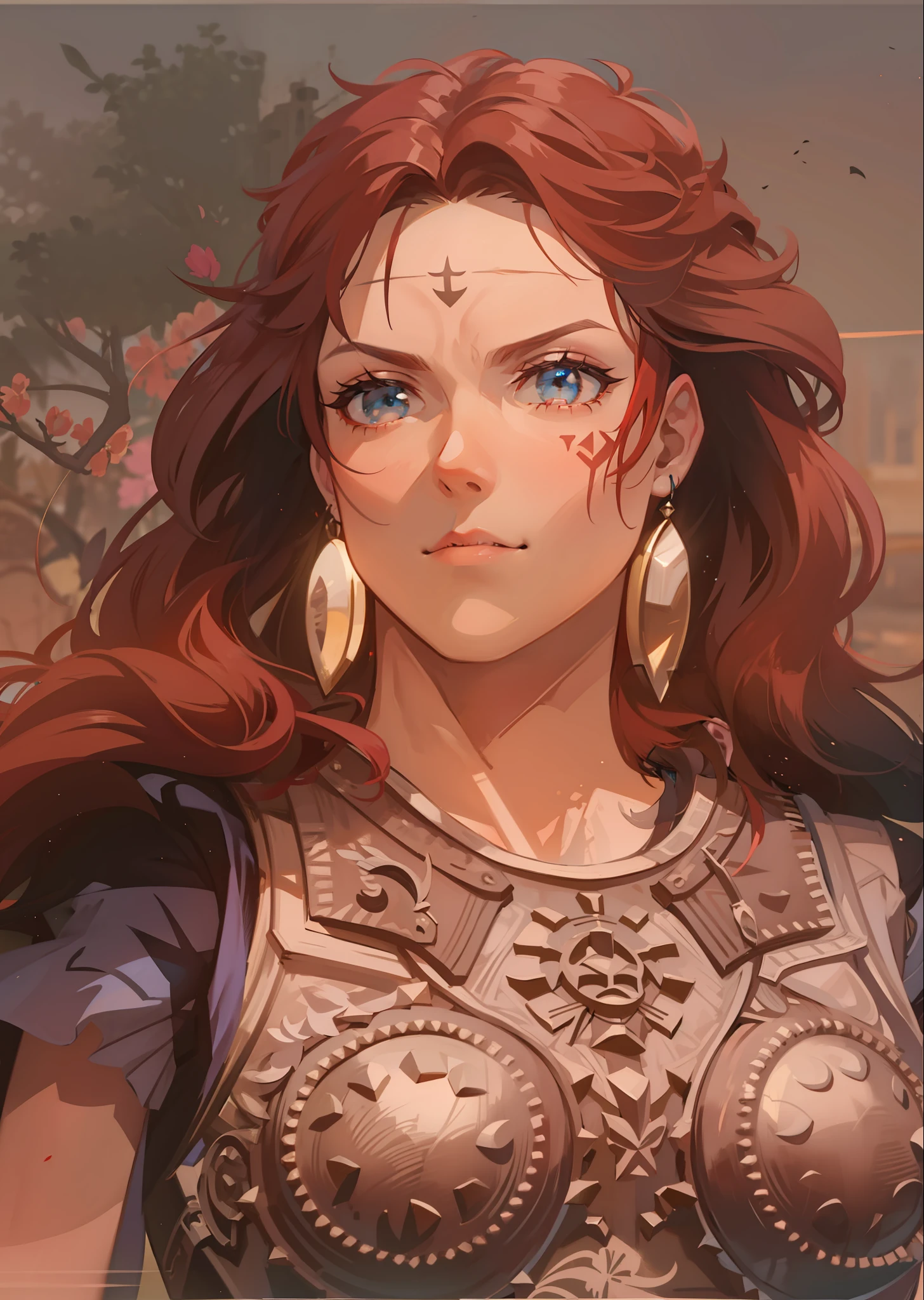 Boadicea, red-haired Viking warrior with Nordic armor and rune tattoos on her body and blooming blue eyes holding an axe, 4k