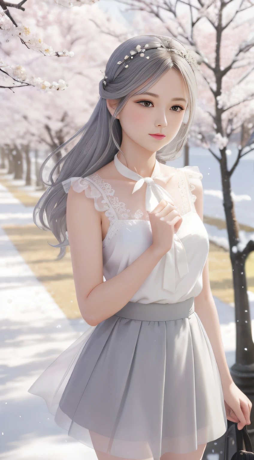 Under the pear blossom tree，Delicate face，fair lady，Gray hair fluttering，A white silk scarf was tied around her neck，Snow-white tulle miniskirt，Stand up，Fan in the right hand