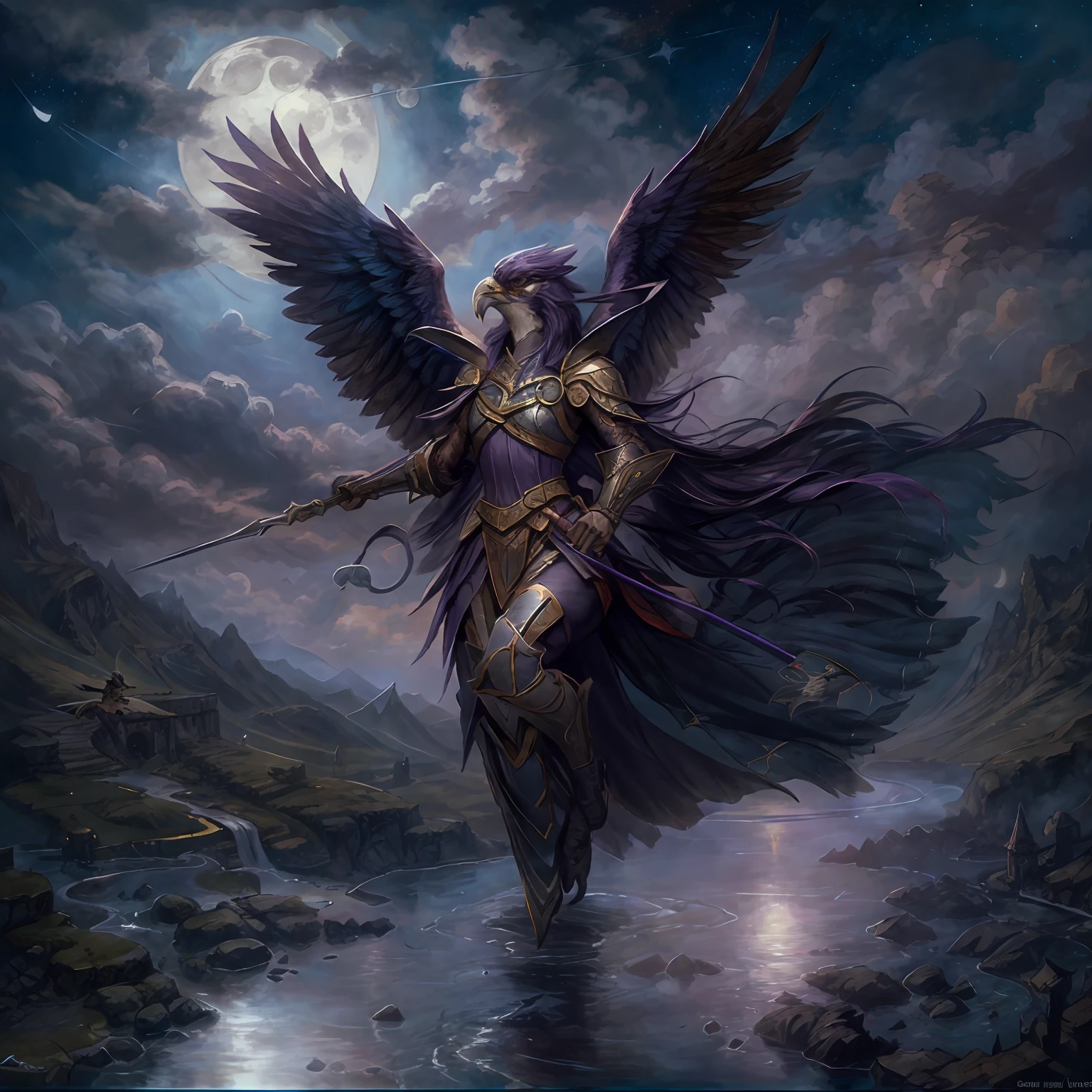 masterpiece, best quality, (solo)), painting of Aven a Dark Purple bird woman wearing armor, medieval setting, in a stream, detailed night sky, beautiful moon, layers of dark clouds, flying, flying over mountains, Aerial View, dynamic