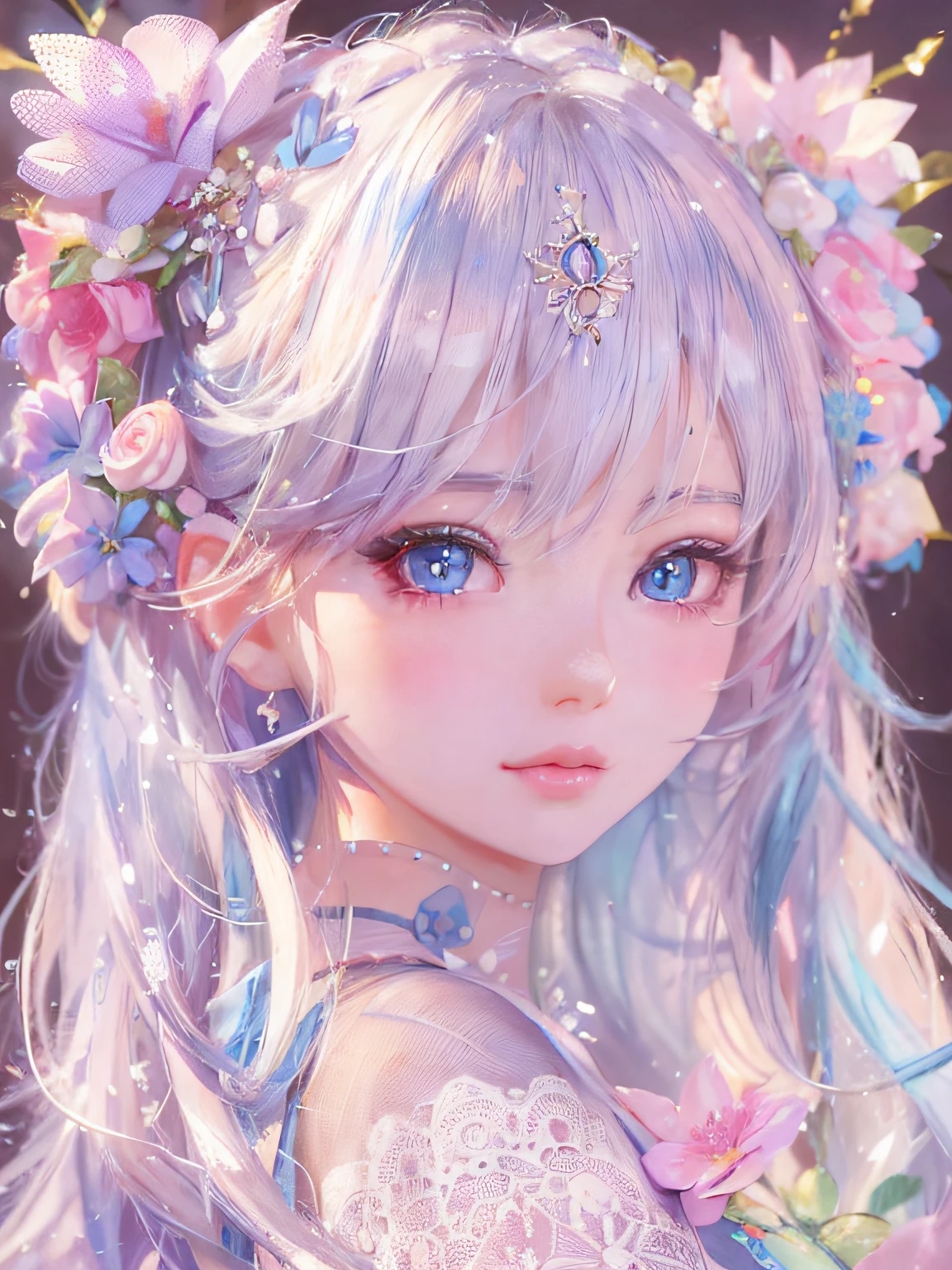 Close-up of doll with blue eyes and flower crown, kawaii realistic portrait, 8k high quality detailed art, artwork in the style of guweiz, Anime style. 8K, guweiz, 🌺 cgsociety, cute detailed digital art, Stunning anime face portrait, luts, Detailed Digital Anime Art, Beautiful Anime Portrait, Ethereal!!! A hyper-realistic