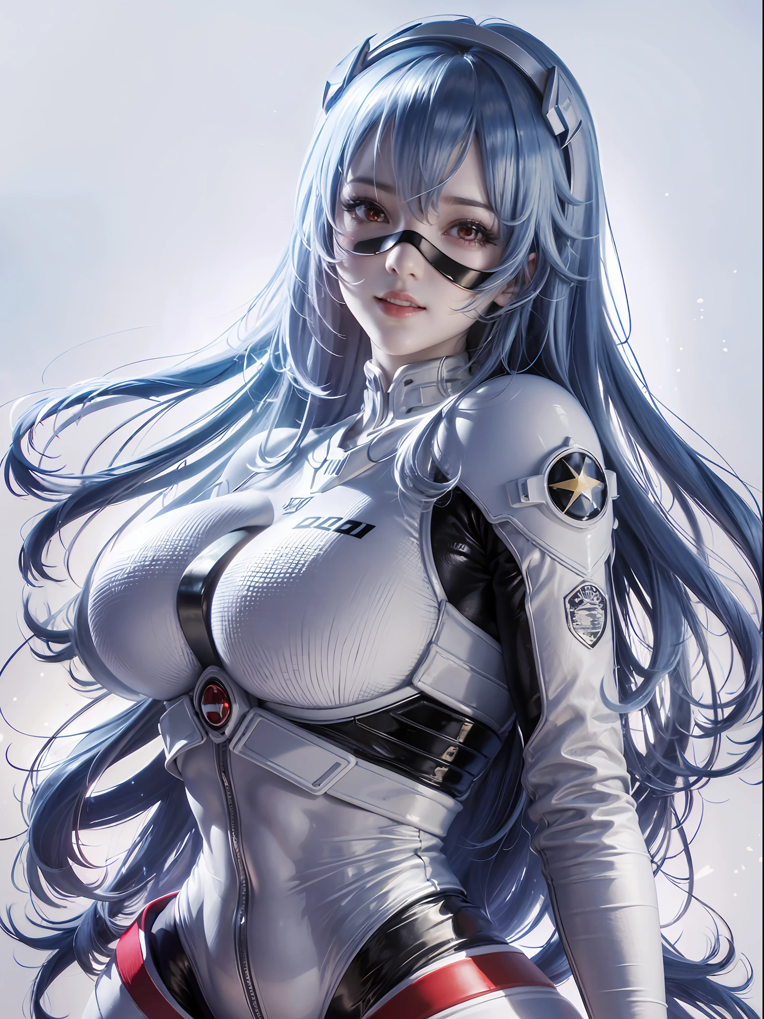 Photorealistic, Show from the hips to the shoulders, girl,Woman,Female, young, 20 years old, absurdly long hair, messy long hair, beautiful detailed cold face, Seductive smile, beatiful detailed eyes, Log Cabage,bright skin, White skin, highleg, Detailed ice, absurderes,High Art, Ridiculous resolution, High resolution, (masutepiece:1.4), super detailed, 1 Awkward Girl, Smooth skin, shiny milky skin, Colossal tits, Big ass , venusbody, doress、thick juicy thighs, 鎖骨, Cleavage Closed mouth, Smile, Cute face,Abs(, muscularwoman,) best quality,highly detailed,masterpiece,ultra-detailed,solo,1girl,(white background:1.5),(Delicate eyes),plugsuit, 1girl, star_\(sky\), long_hair, starry_sky, bodysuit, ayanami_rei, solo, night_sky, red_eyes, red_background, breasts, white_bodysuit, eyepatch, pilot_suit, lance_of_longinus, bangs, light_particles, interface_headset, (masterpiece:1.2), (best quality), (ultra detailed), (8k, 4k, intricate),(full-body-shot:1), (highly detailed:1.2),(detailed face:1.2), (detailed background),detailed landscape, (dynamic angle:1.2), (dynamic body), huge ass, huge boobs,