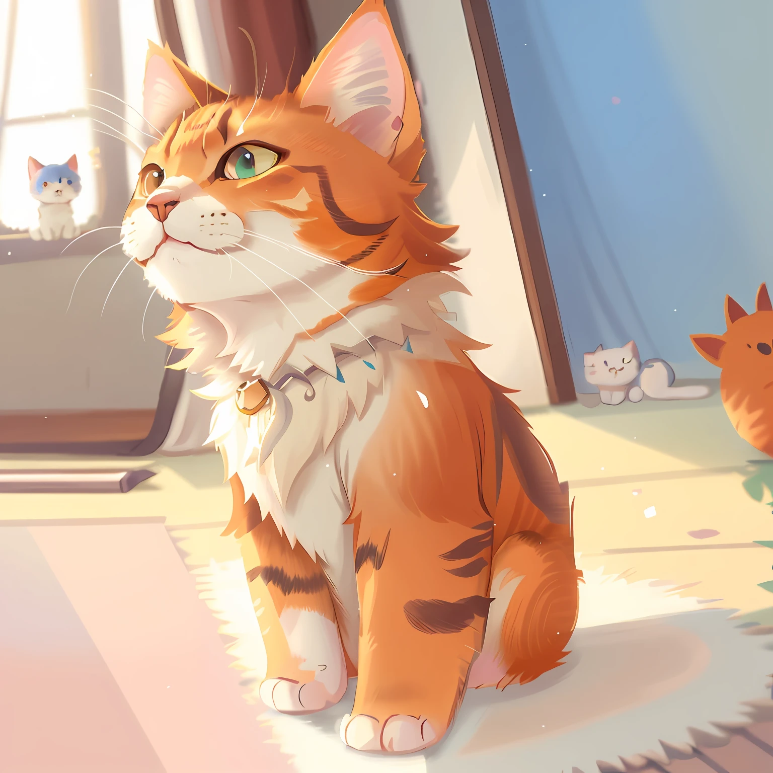 there is a cat sitting on the floor looking out of a window, realistic anime cat, lovely digital painting, anime visual of a cute cat, Cute detailed digital art, anime cat, warrior cats fan art, cat. Digital painting, adorable digital art, Sora as a cat, ginger cat, Beautiful digital illustration, very very beautiful furry art, cute detailed artwork